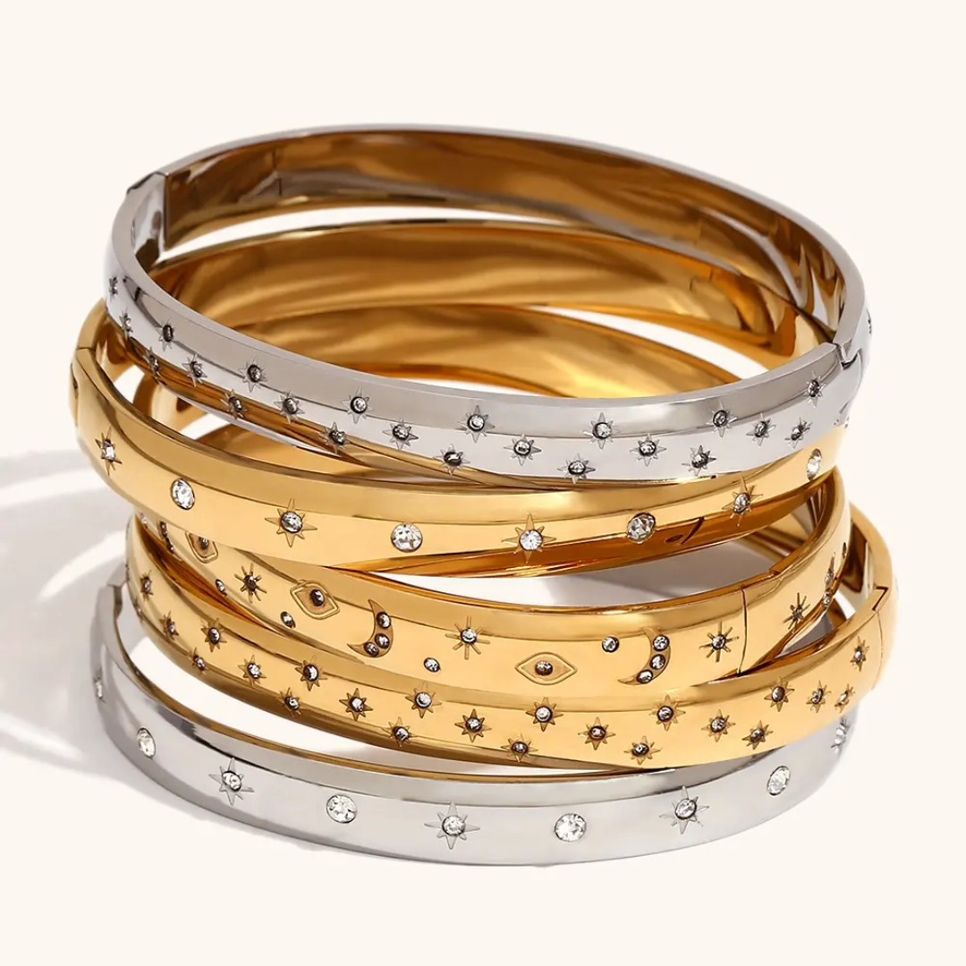 CZ Star Engraved Bracelet Bangle - Gold or Silver