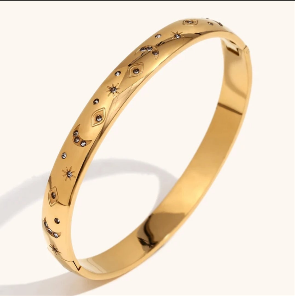 CZ Moon and Star Engraved Bracelet Bangle - Gold or Silver