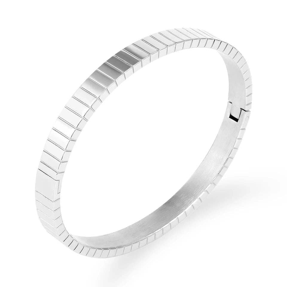 Wide Engraved Stripe Bangle Bracelet - Gold or Silver