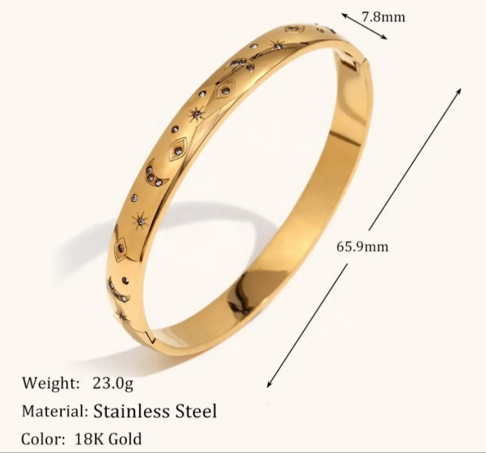 CZ Moon and Star Engraved Bracelet Bangle - Gold or Silver