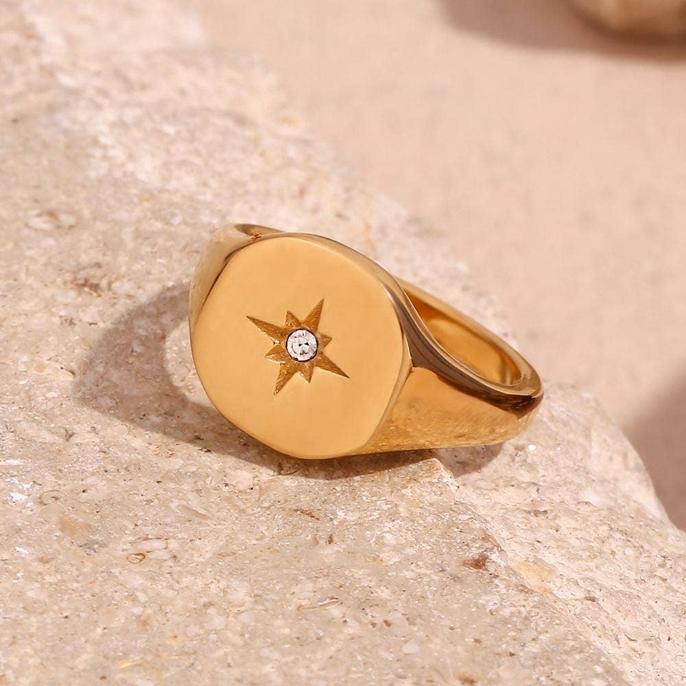 Signet Ring with Star Design - Gold or Silver
