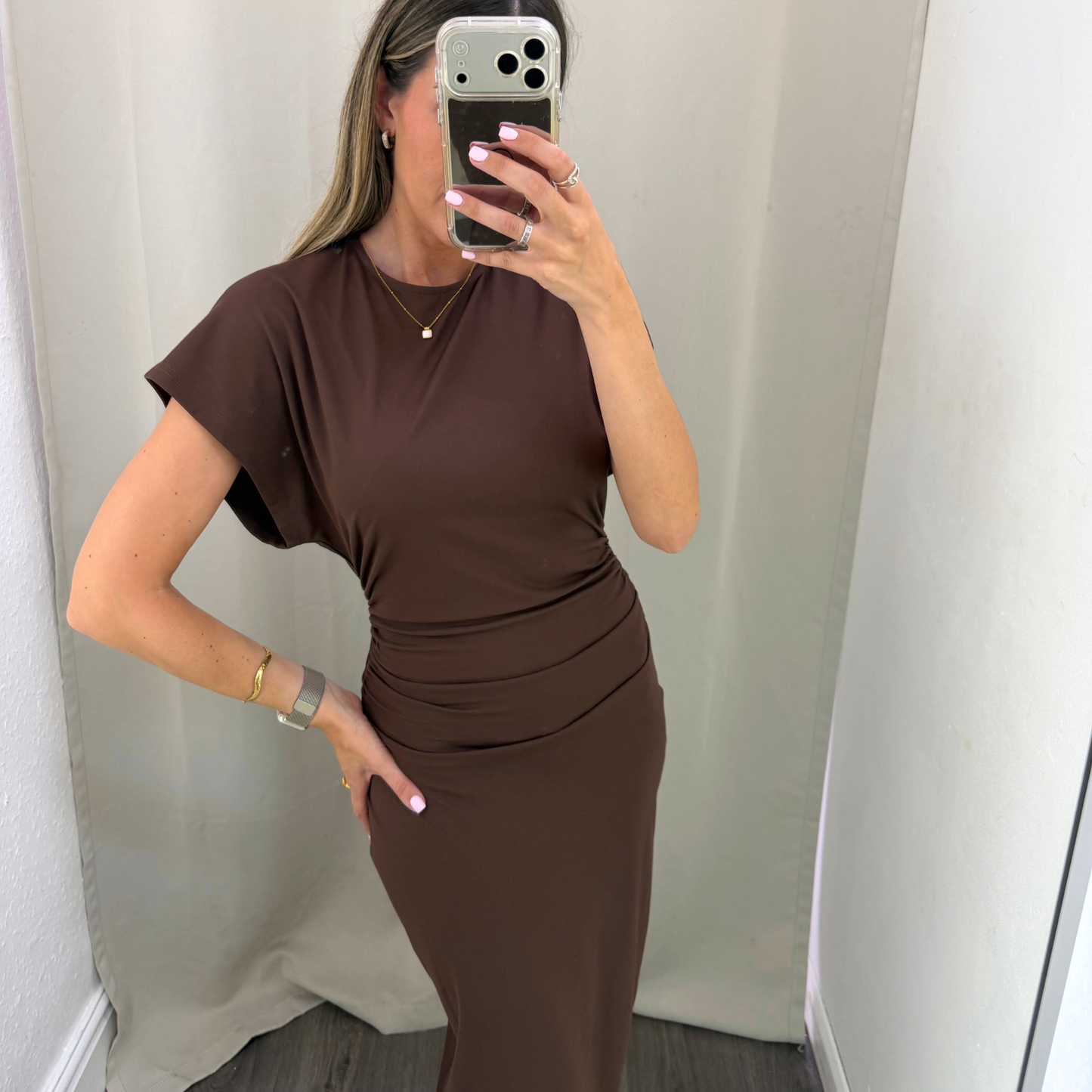 Brown Ruched midi dress