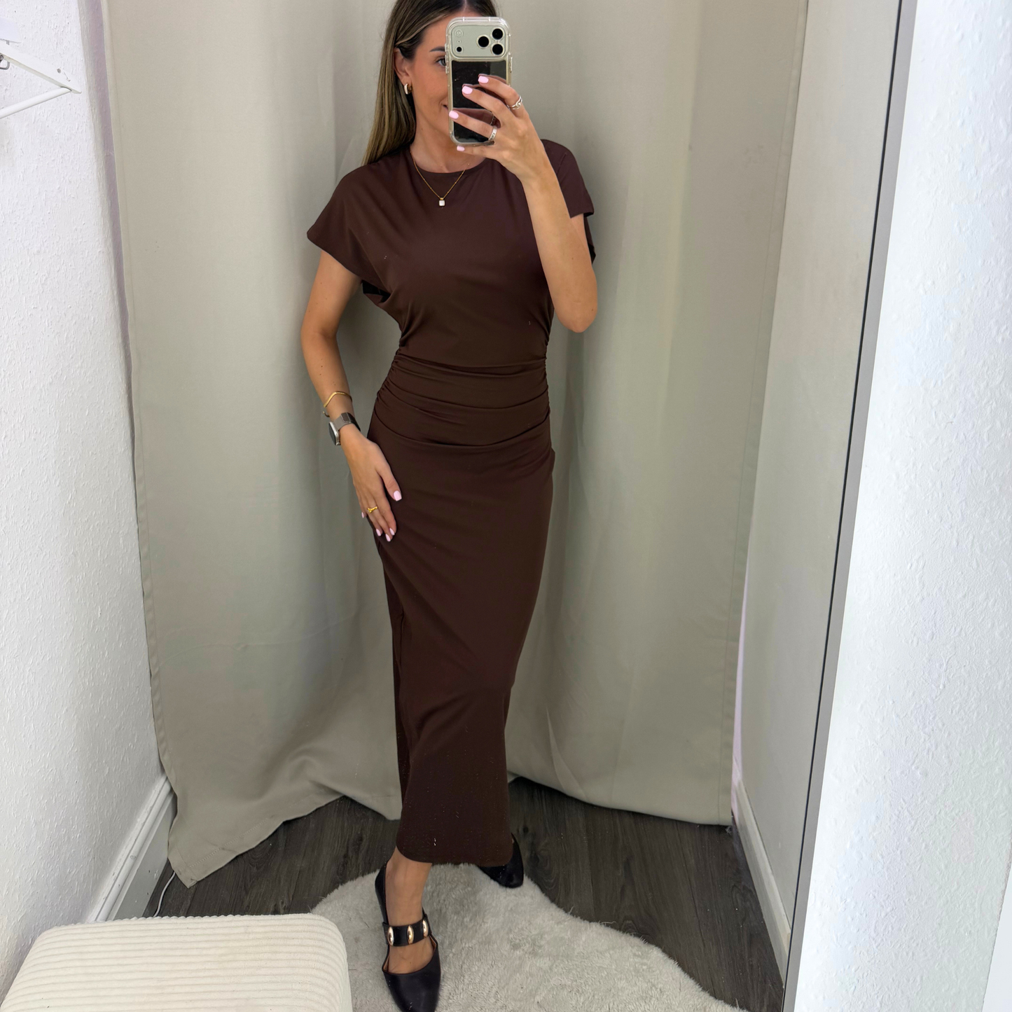 Brown Ruched midi dress