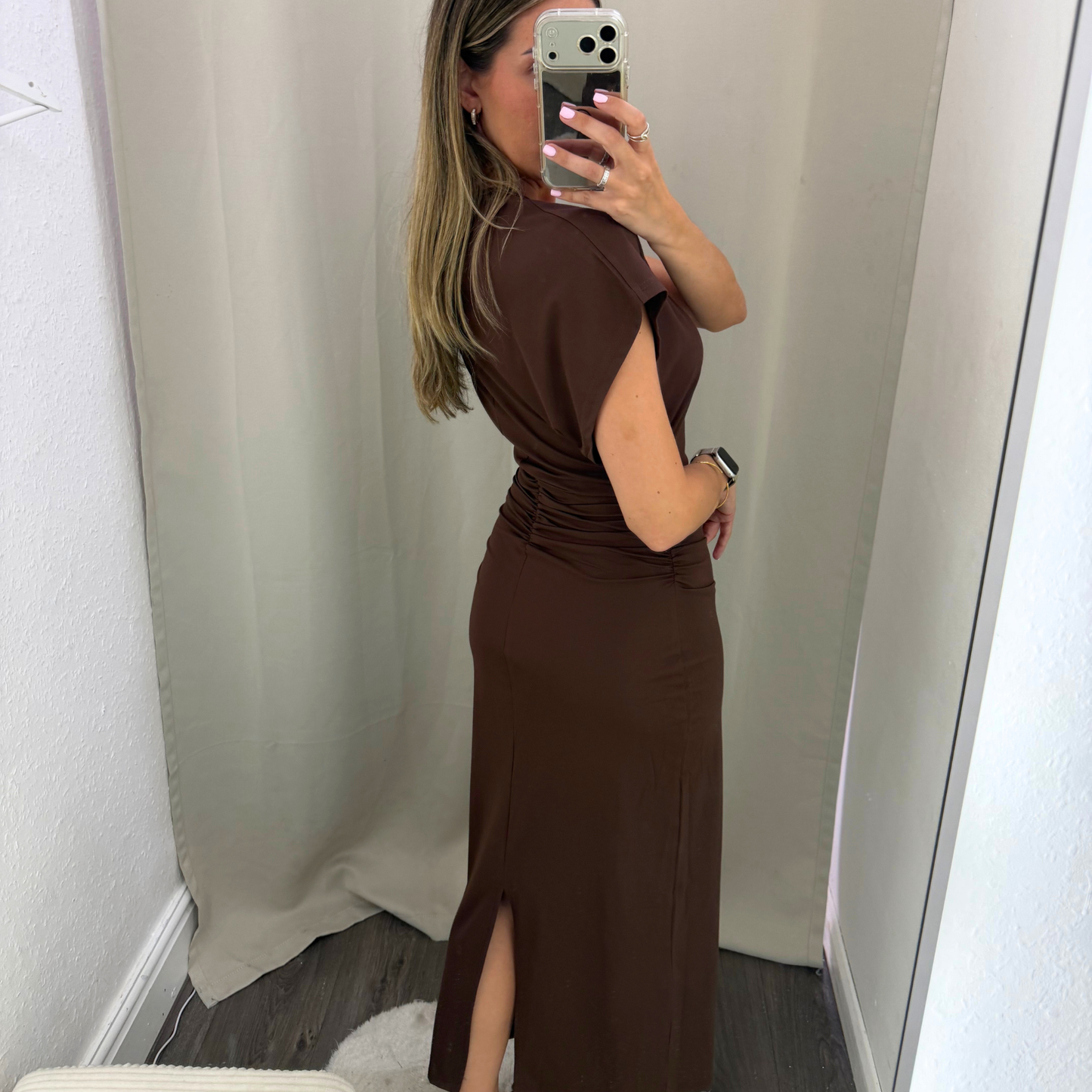 Brown Ruched midi dress