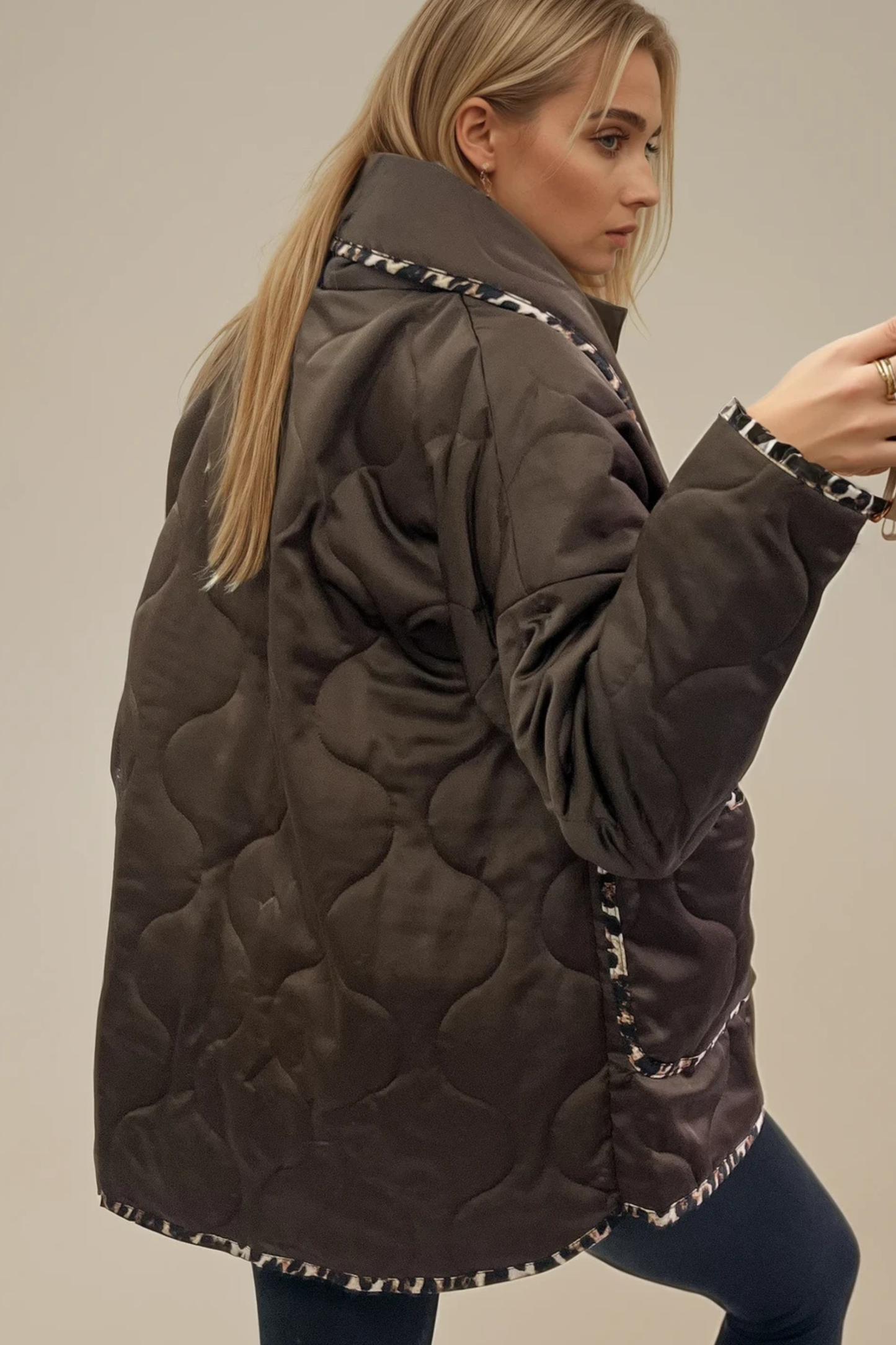 Leopard Trim Quilted Coat