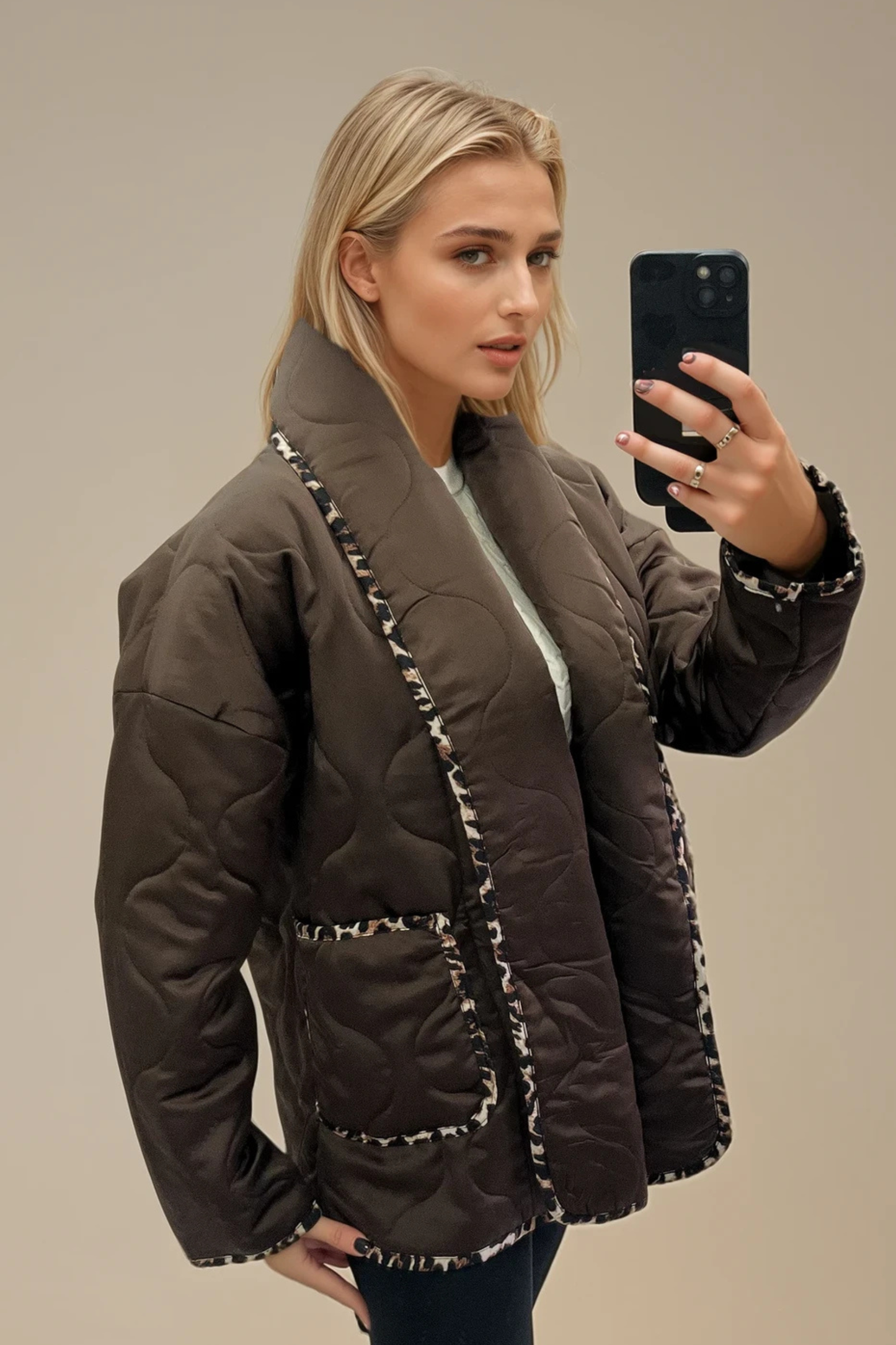 Leopard Trim Quilted Coat