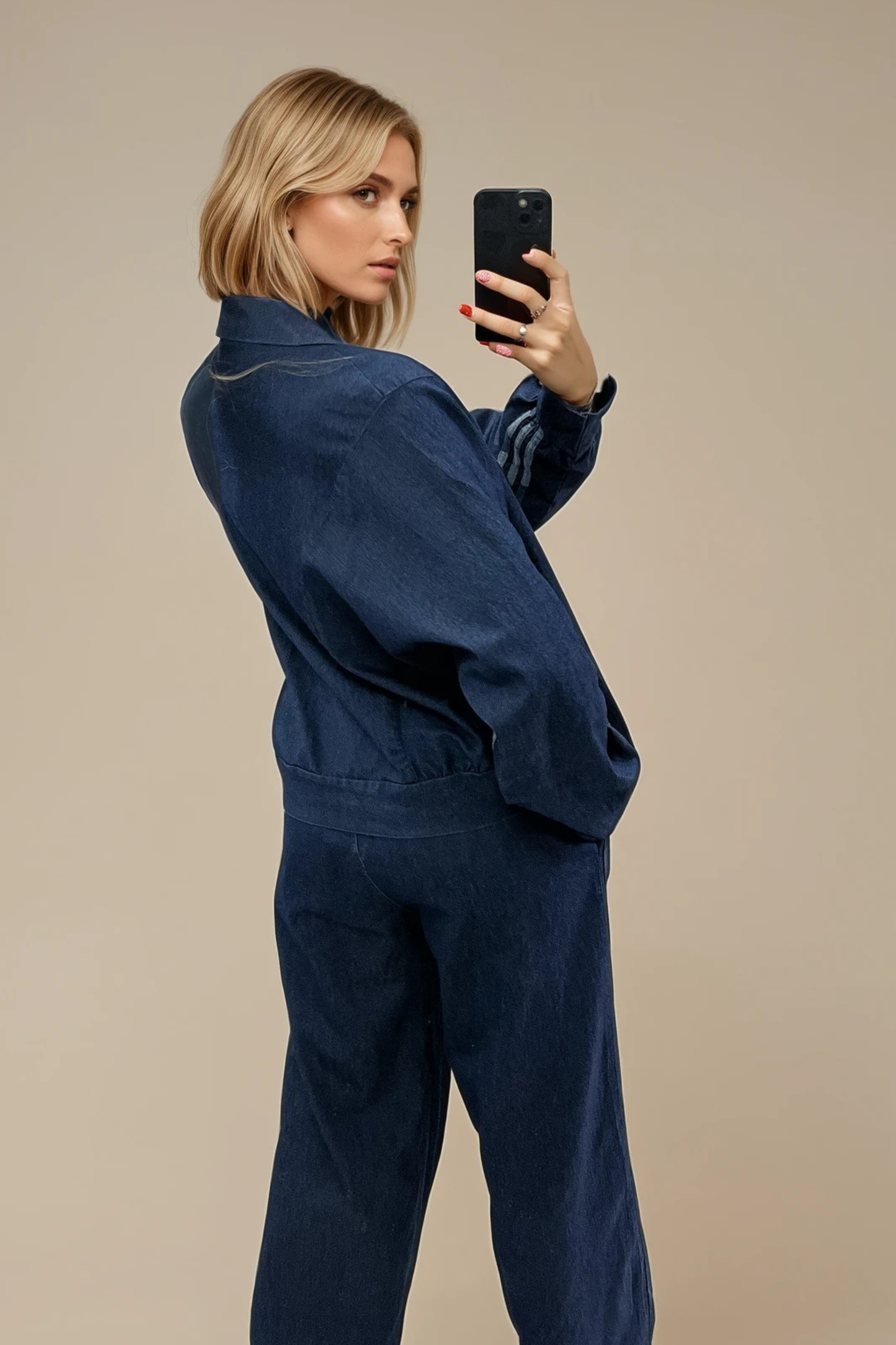 Denim-Look Two-Piece Set with Stripe Detail