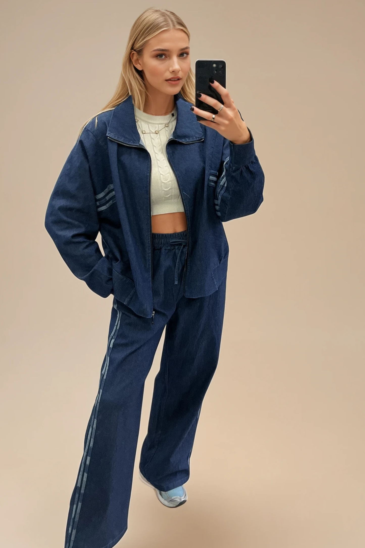 Denim-Look Two-Piece Set with Stripe Detail