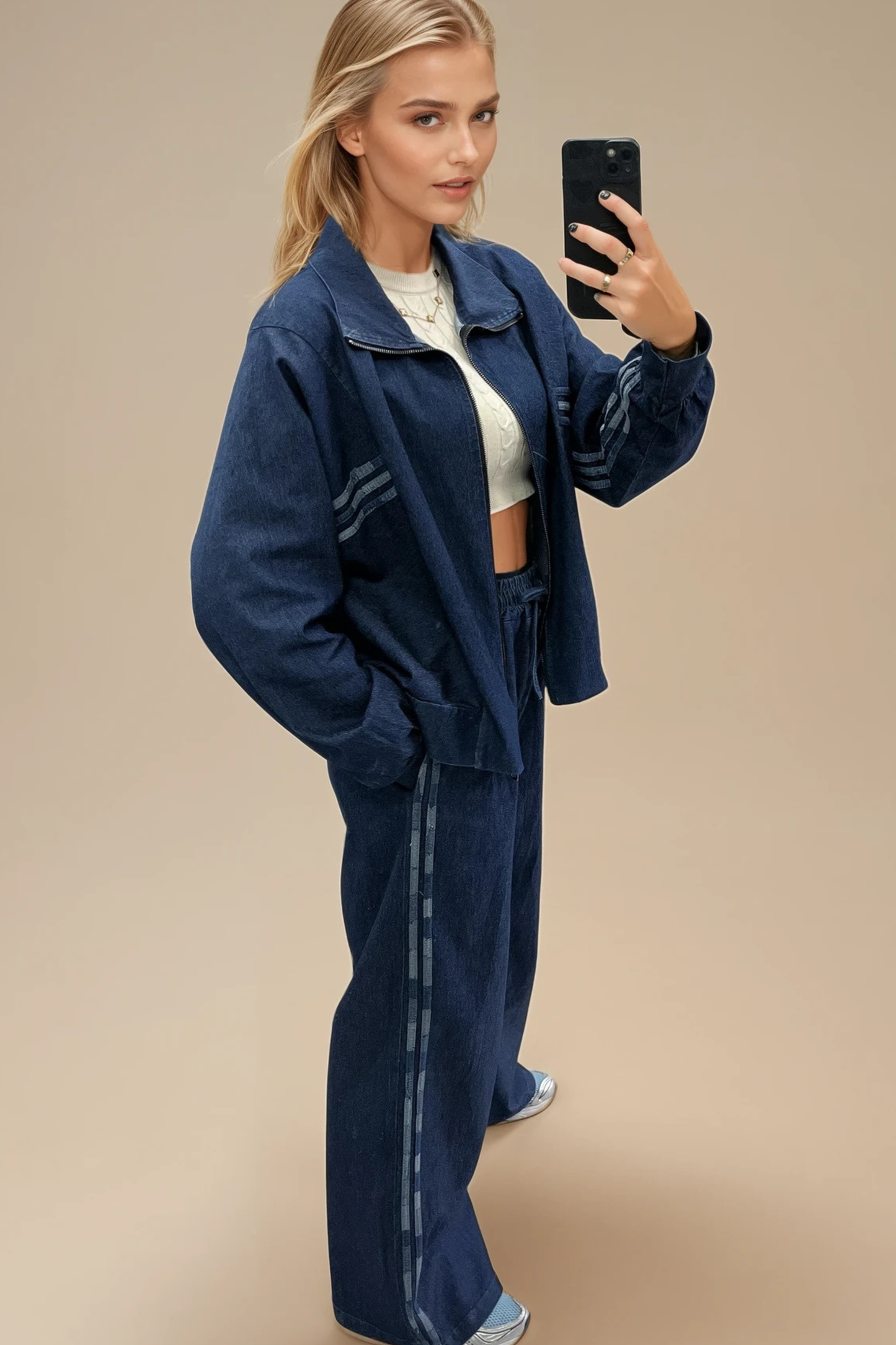 Denim-Look Two-Piece Set with Stripe Detail