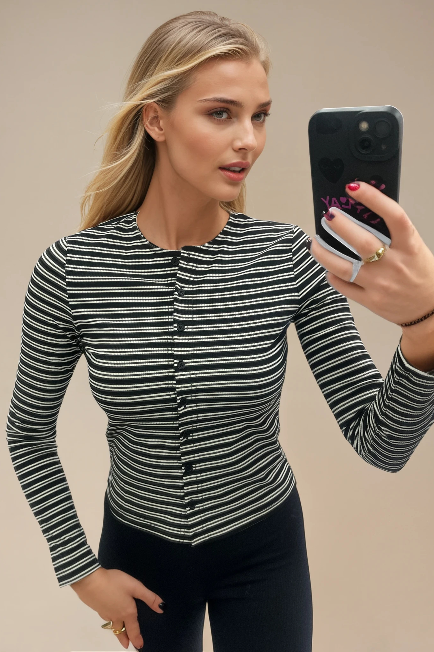 Black & Cream Stripe Fitted Button-Up Top