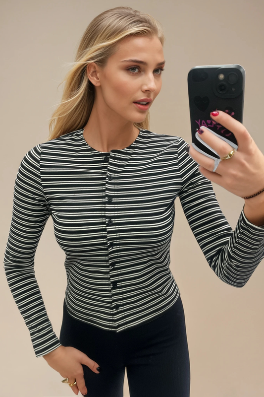 Black & Cream Stripe Fitted Button-Up Top