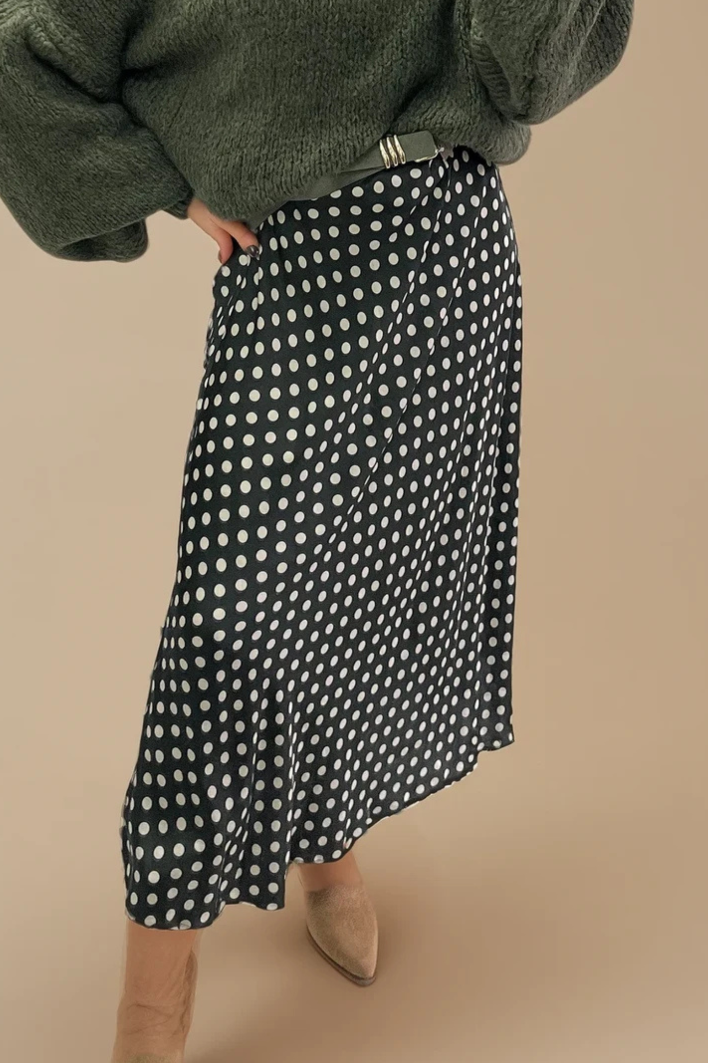 Khaki Polka Dot Satin Skirt