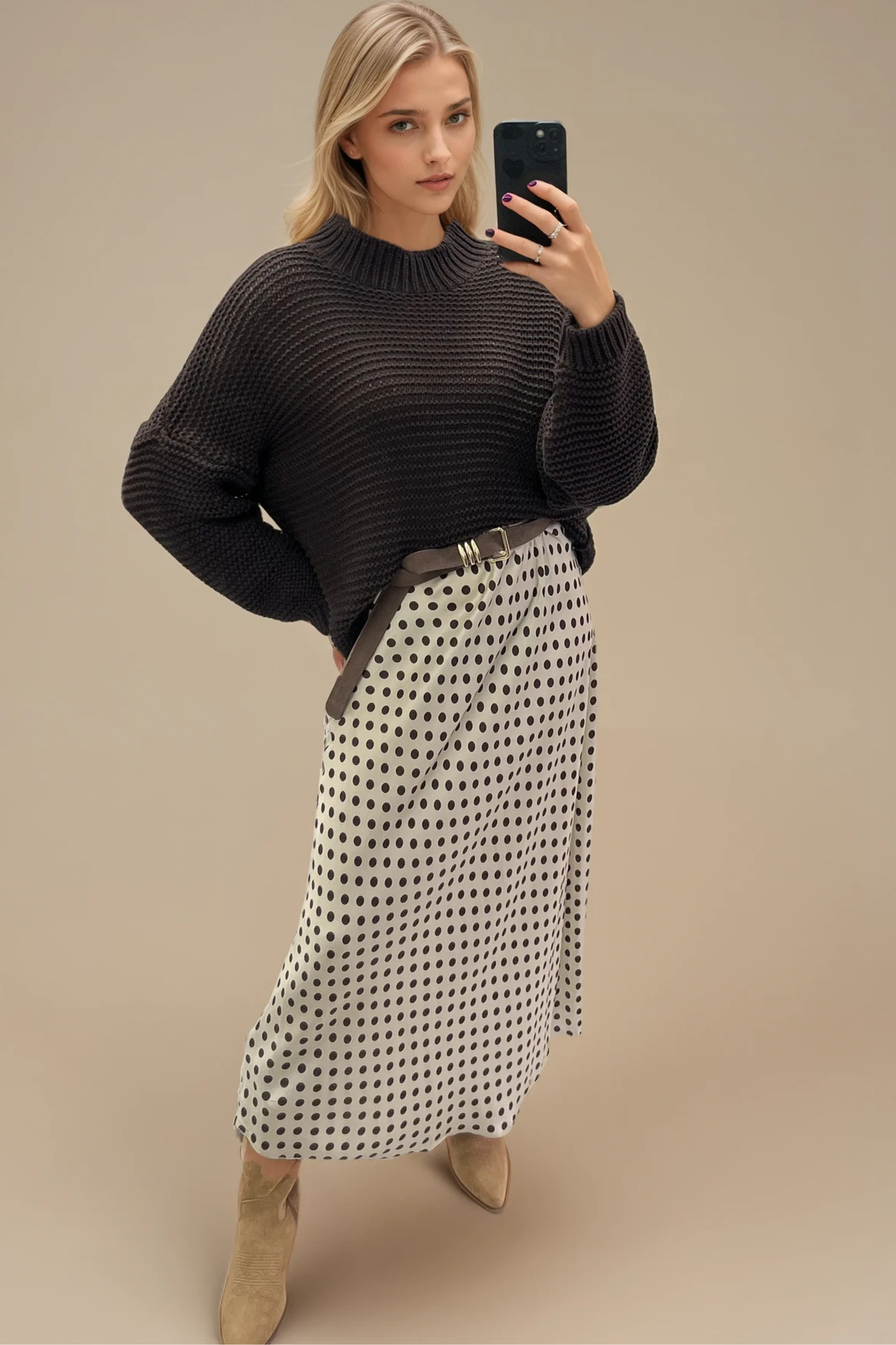 Cream Satin Skirt with Brown Polka Dots