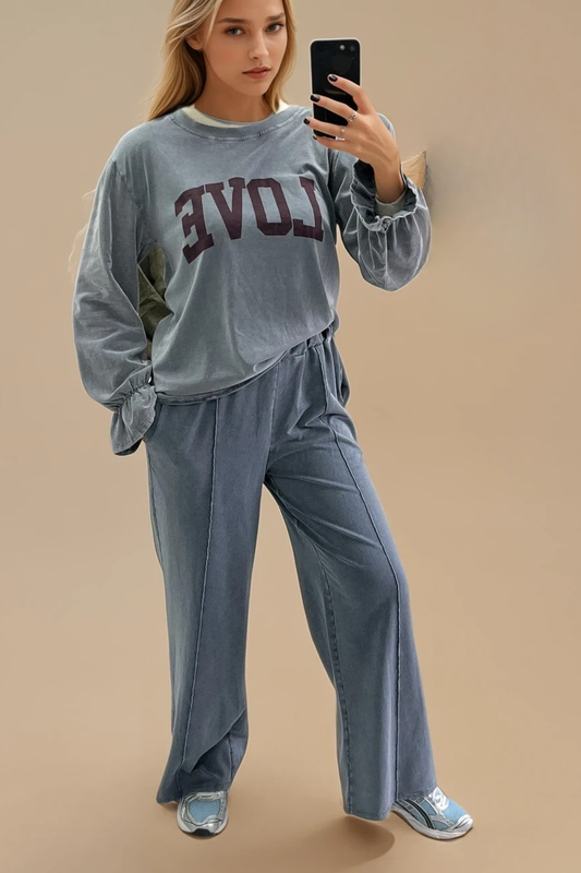 Grey Wash Long Sleeve ‘Love’ Slogan Top