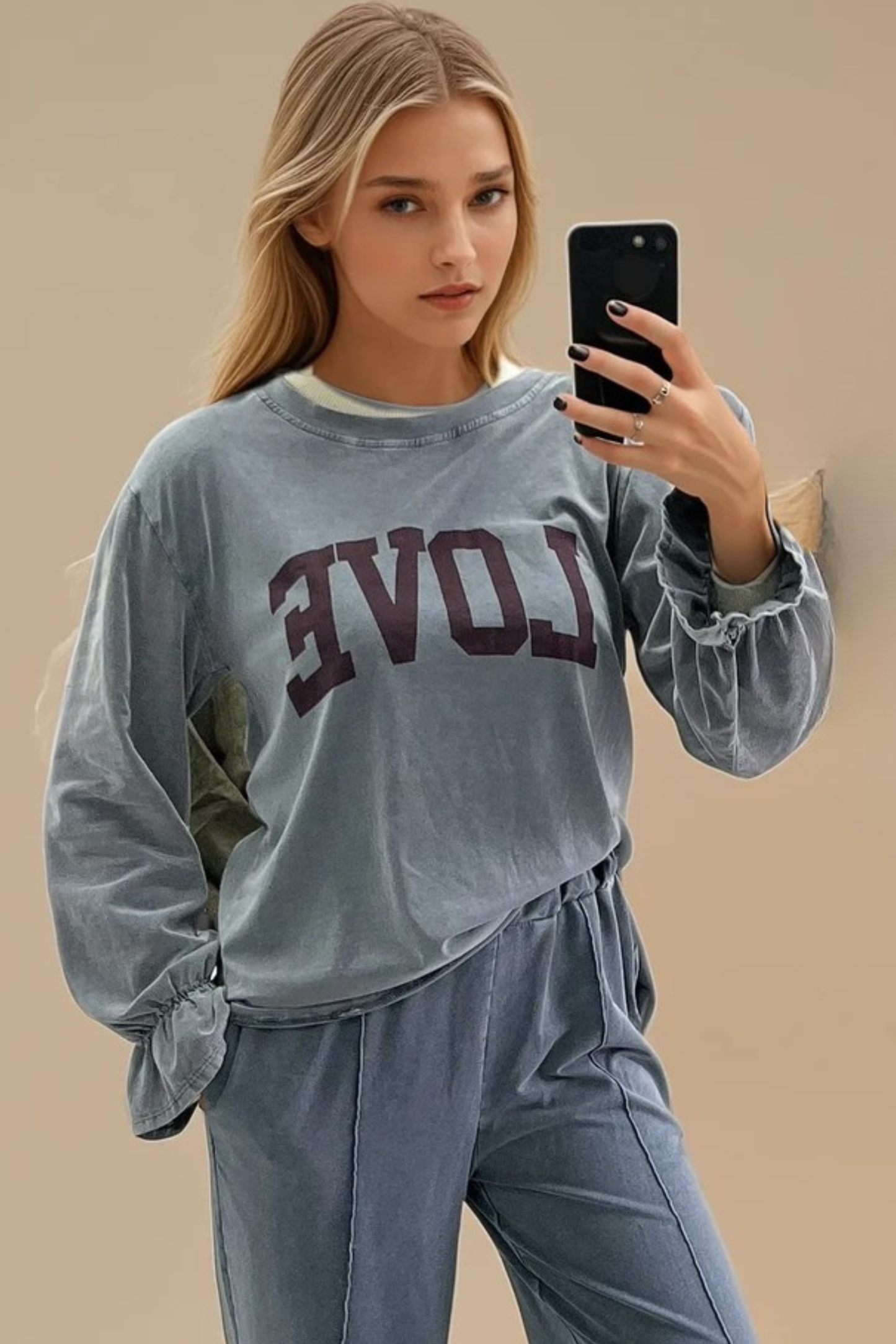 Grey Wash Long Sleeve ‘Love’ Slogan Top