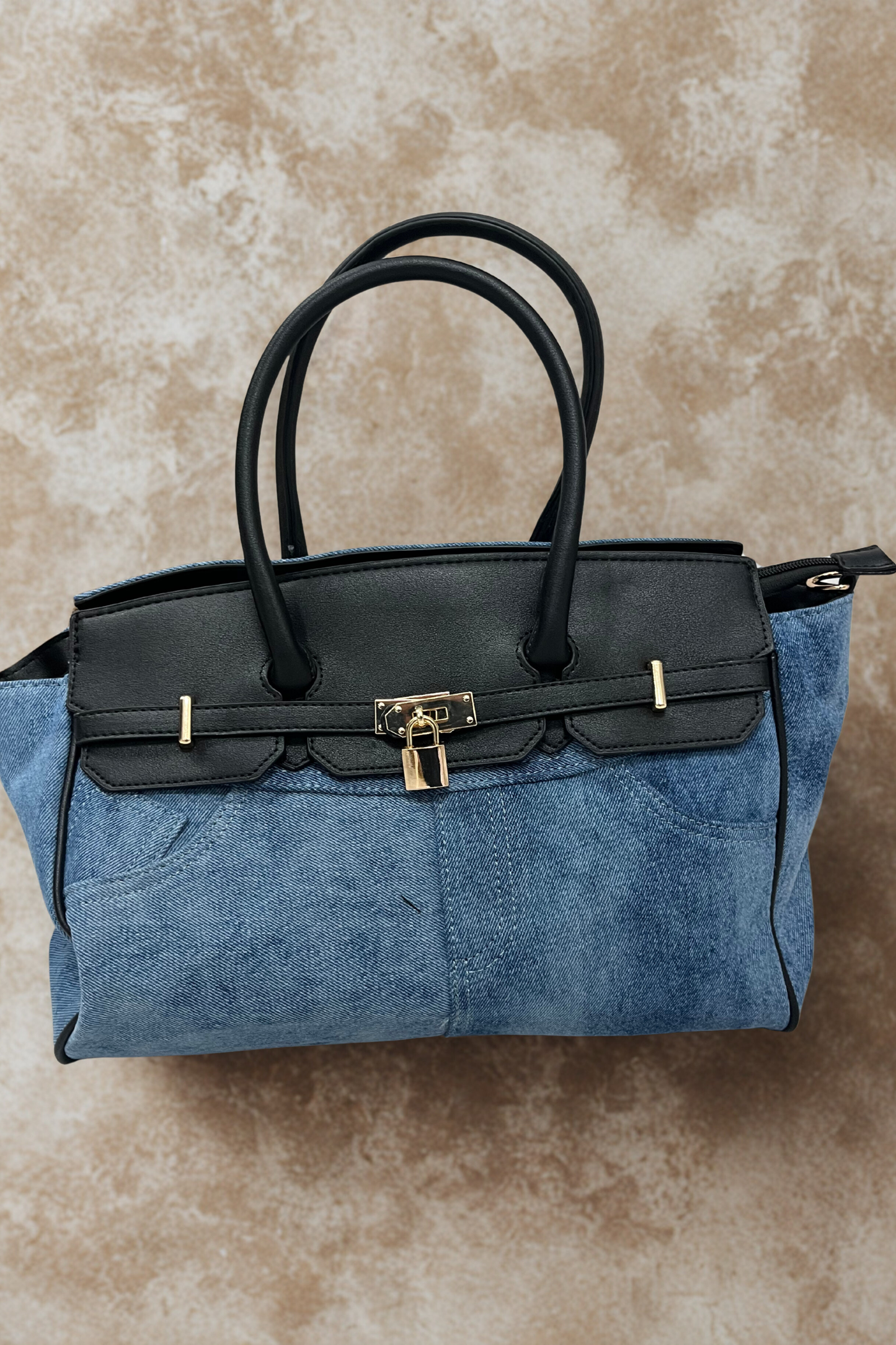 Denim-Look Handbag with Black Handles