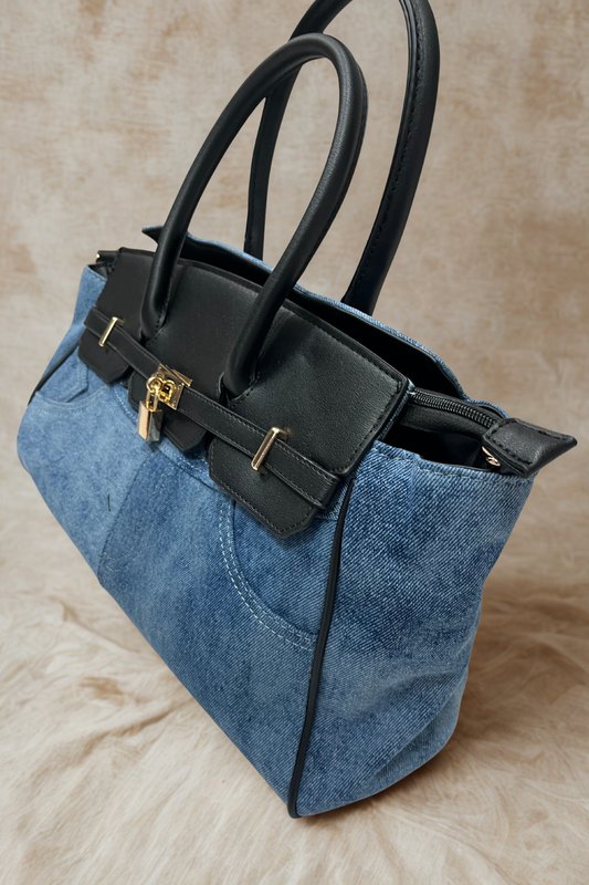 Denim-Look Handbag with Black Handles