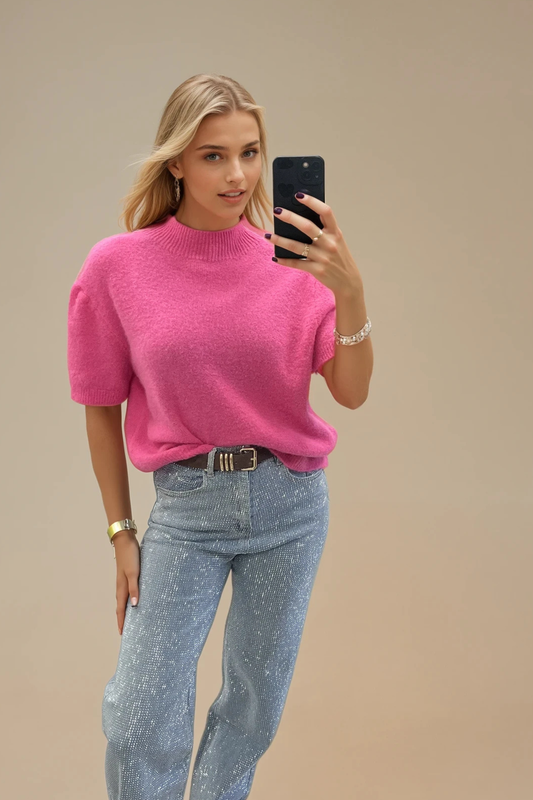 Short Sleeved Knit High Neck Jumper – Brown, Beige & Pink