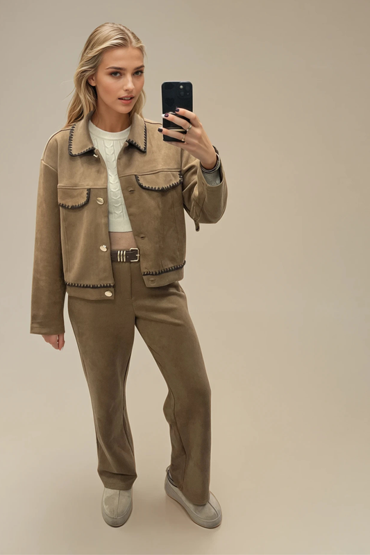 Faux Suede Tailored Pants – Contrast Stitch &amp; Gold Hardware