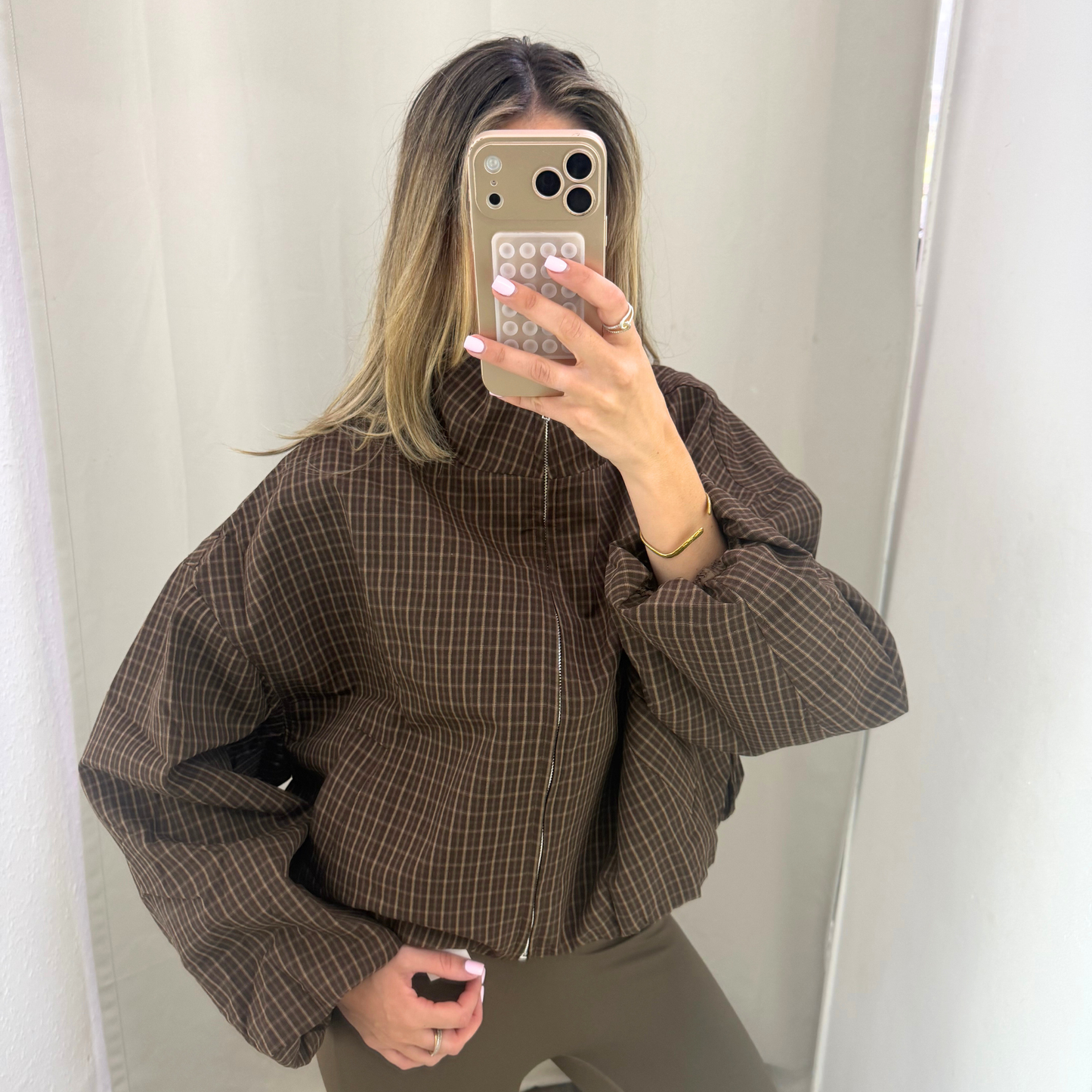 Checked Cropped Windbreaker – Chocolate