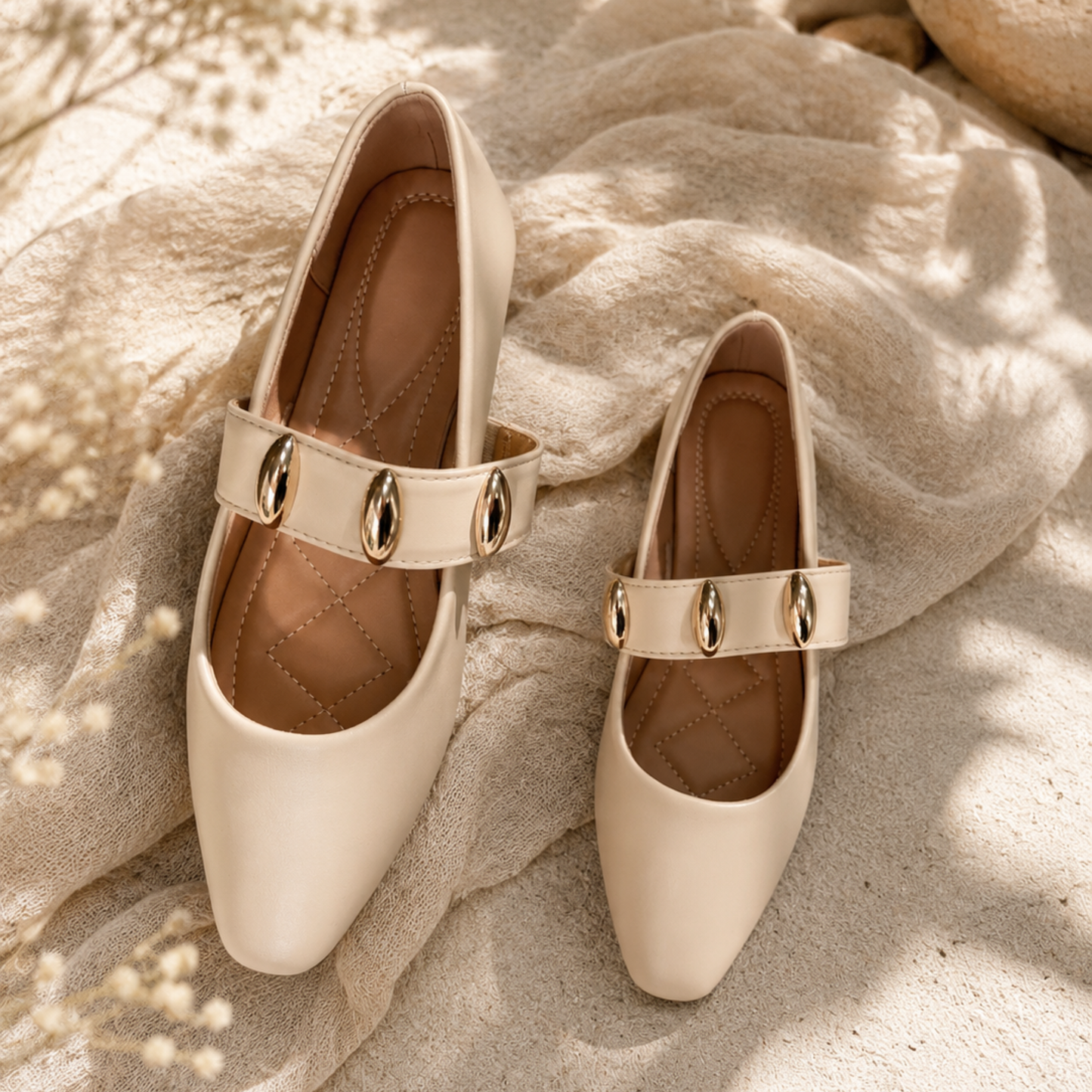 Gold Detail Mary Jane Flats – Cream