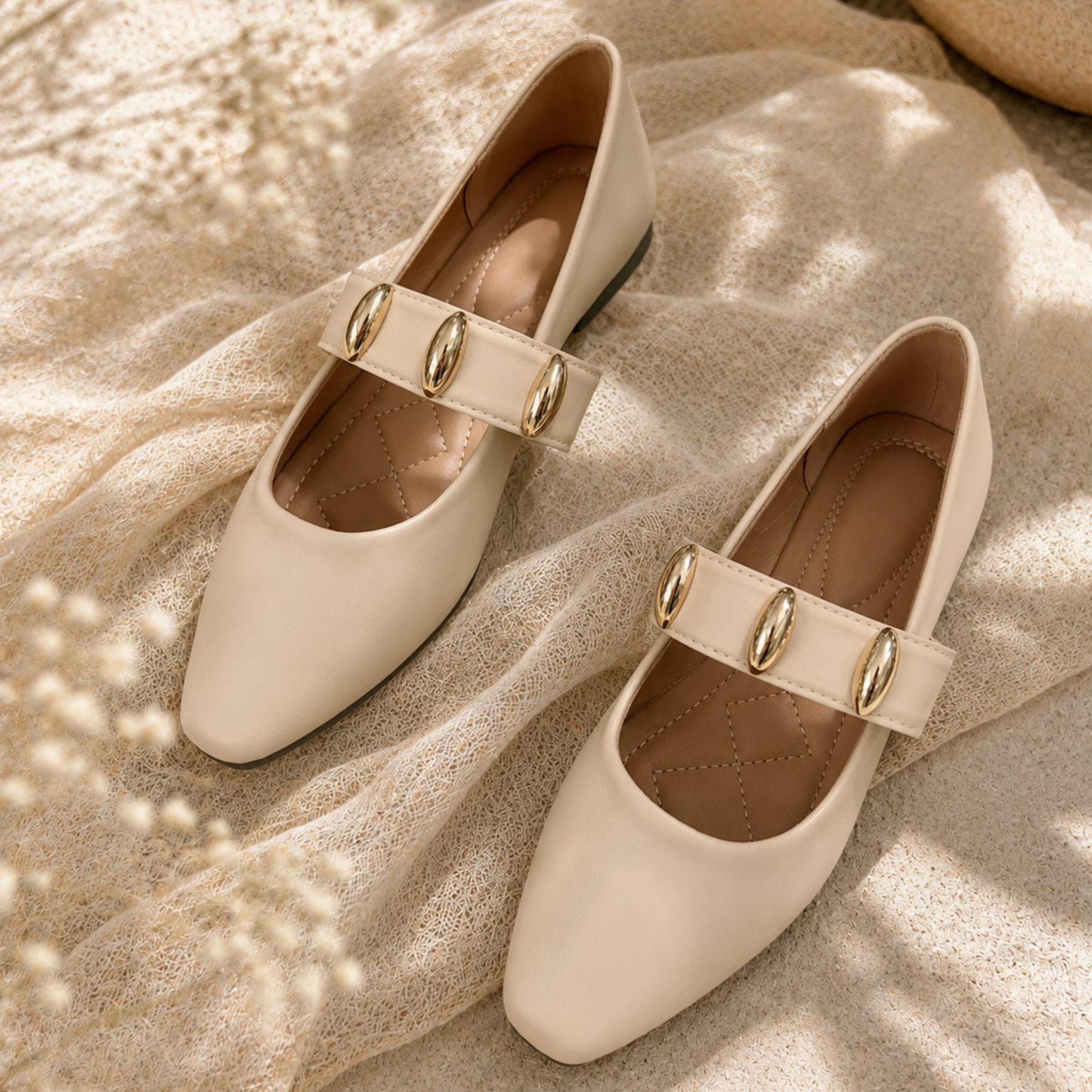 Gold Detail Mary Jane Flats – Cream