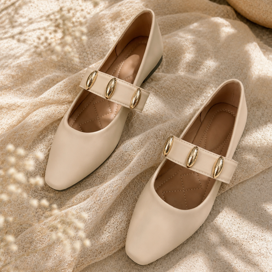 Gold Detail Mary Jane Flats – Cream
