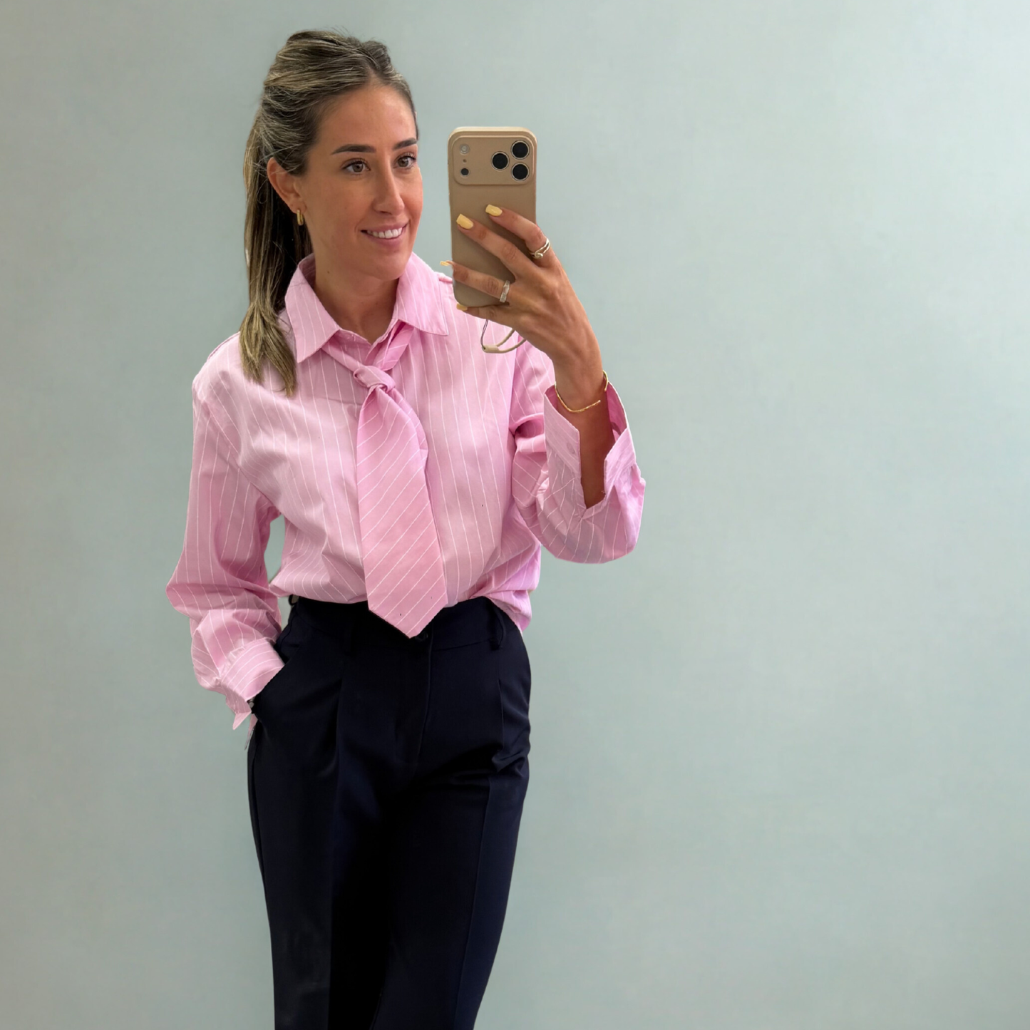 Pink Pinstripe Shirt With Tie Detail