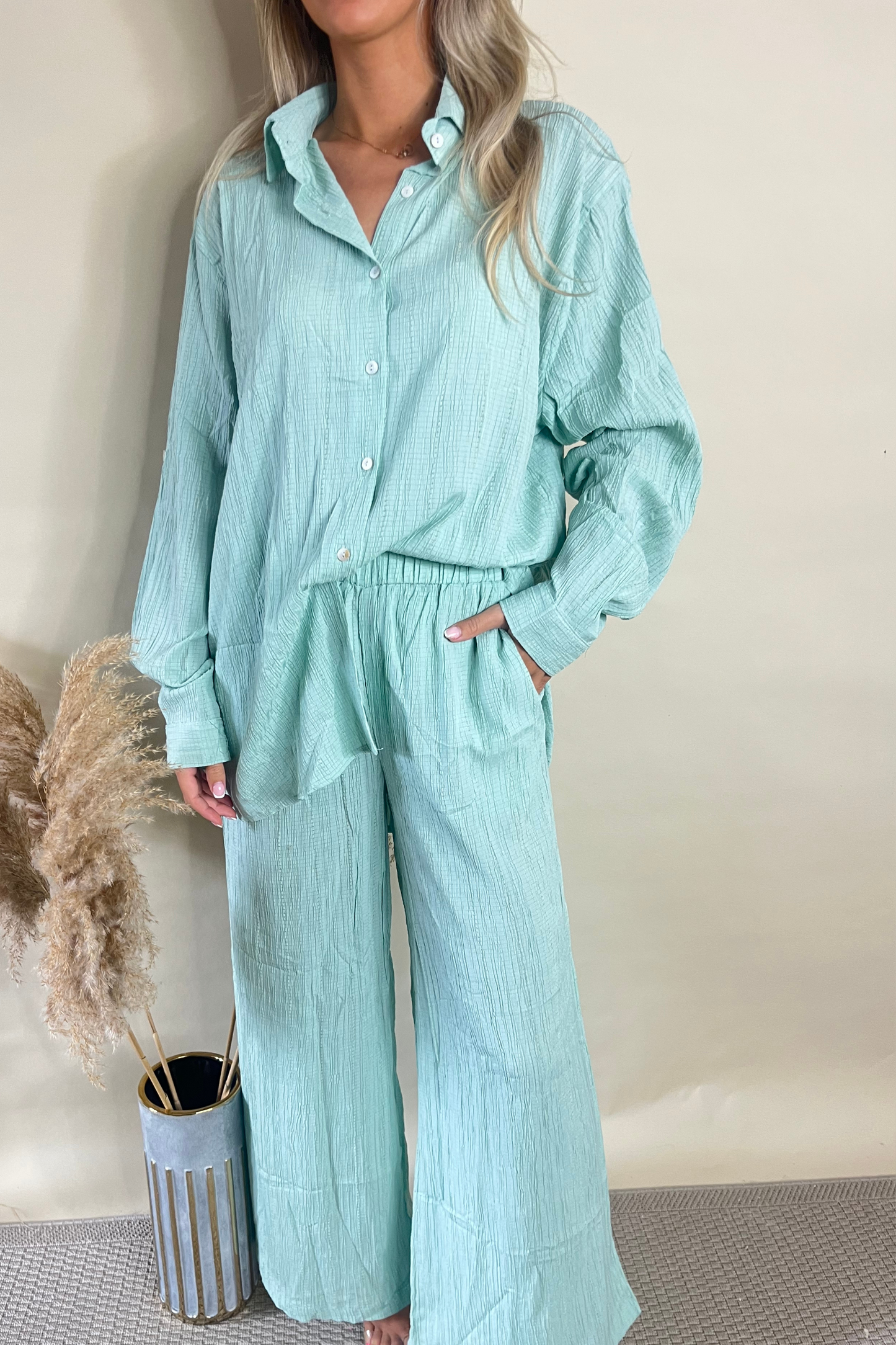 Sage Green Textured Shirt & Wide Leg Trouser Set