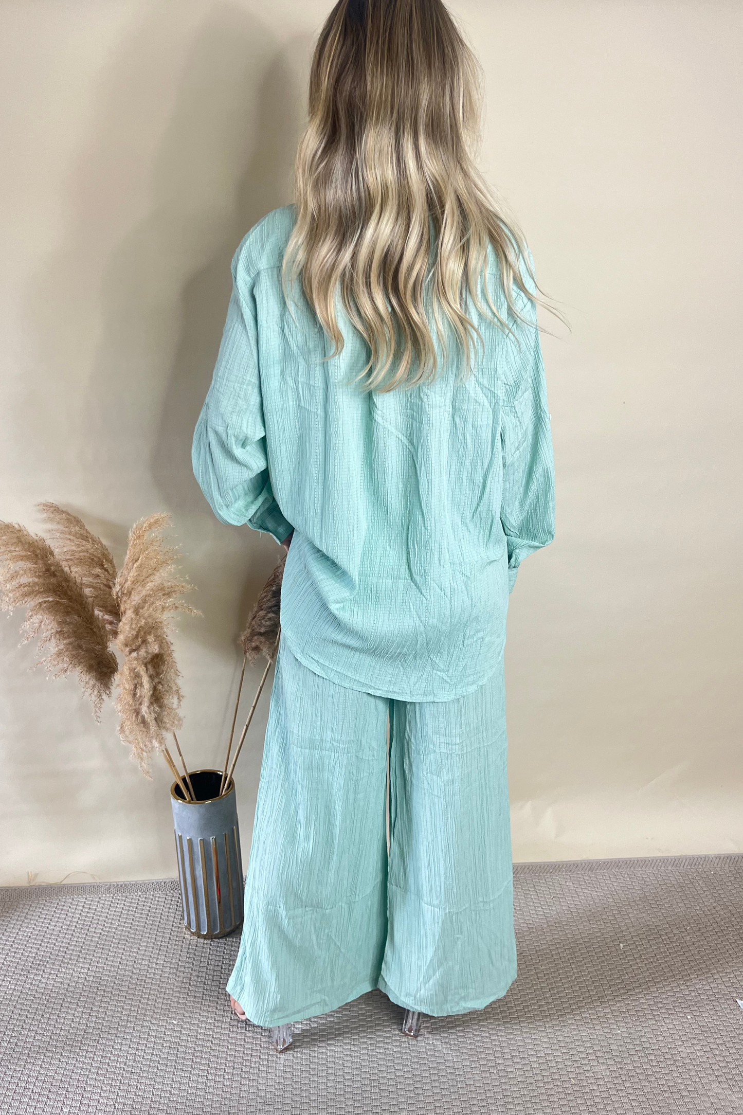 Sage Green Textured Shirt & Wide Leg Trouser Set