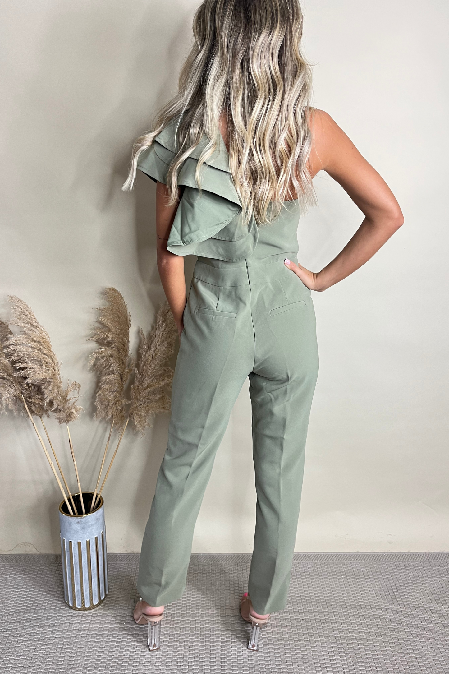 Sage Green One Shoulder Ruffle Jumpsuit