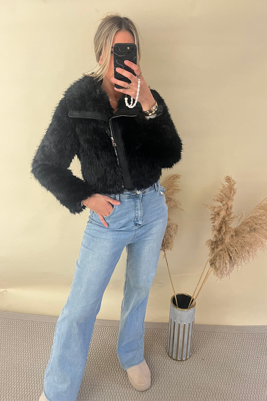 Black Shaggy Faux Fur Biker Jacket