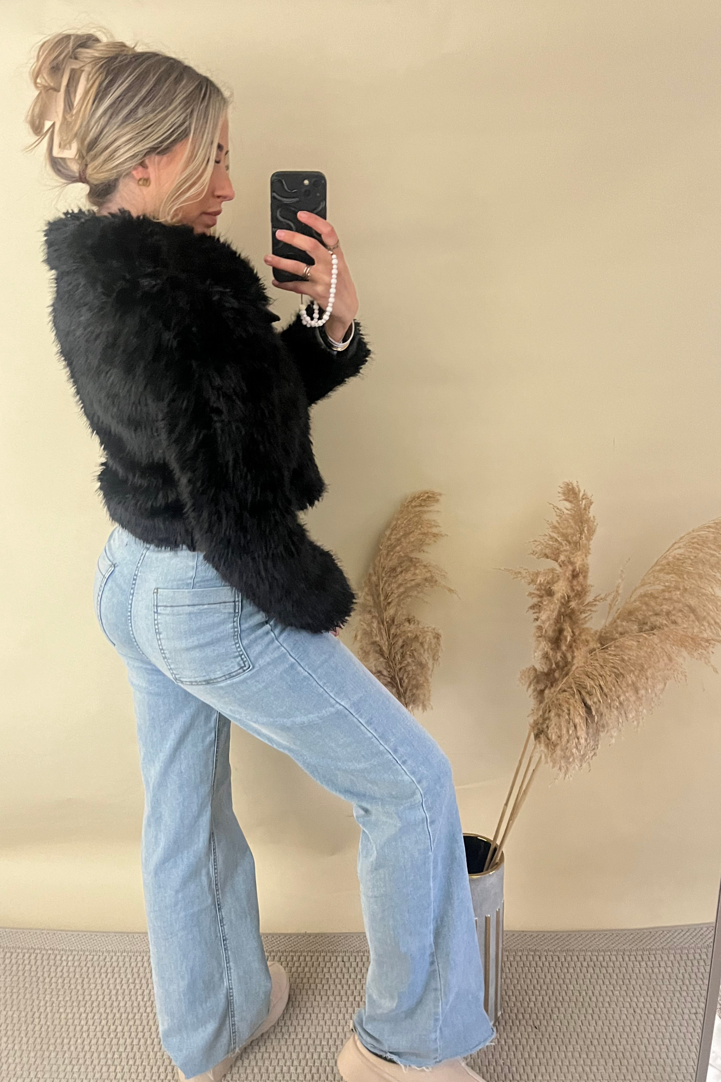 Black Shaggy Faux Fur Biker Jacket