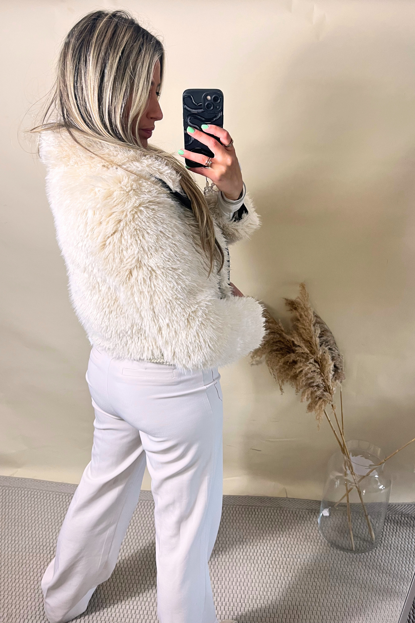 Beige Shaggy Faux Fur Biker Jacket