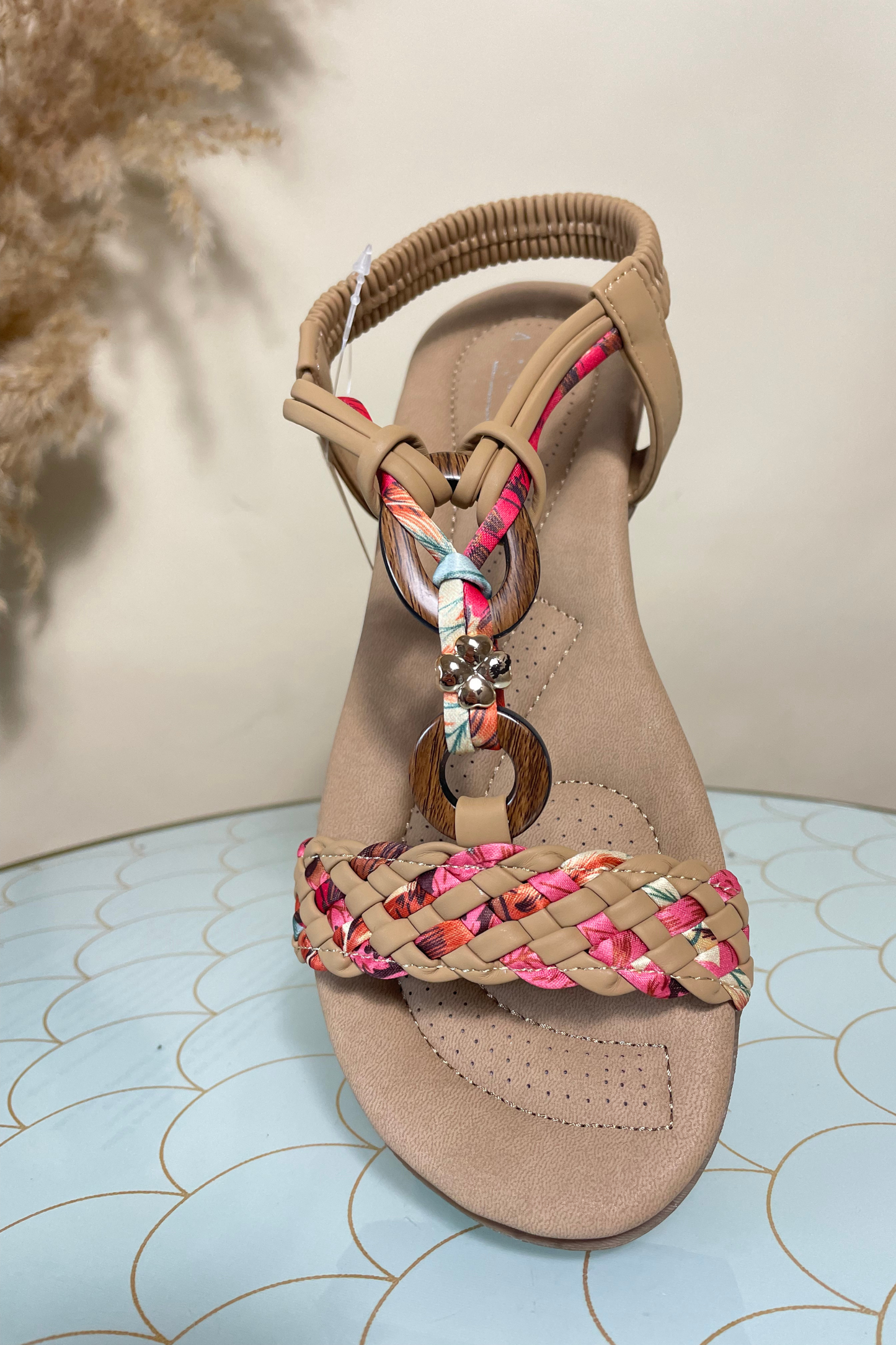 Multicoloured tan strap slip on sandal