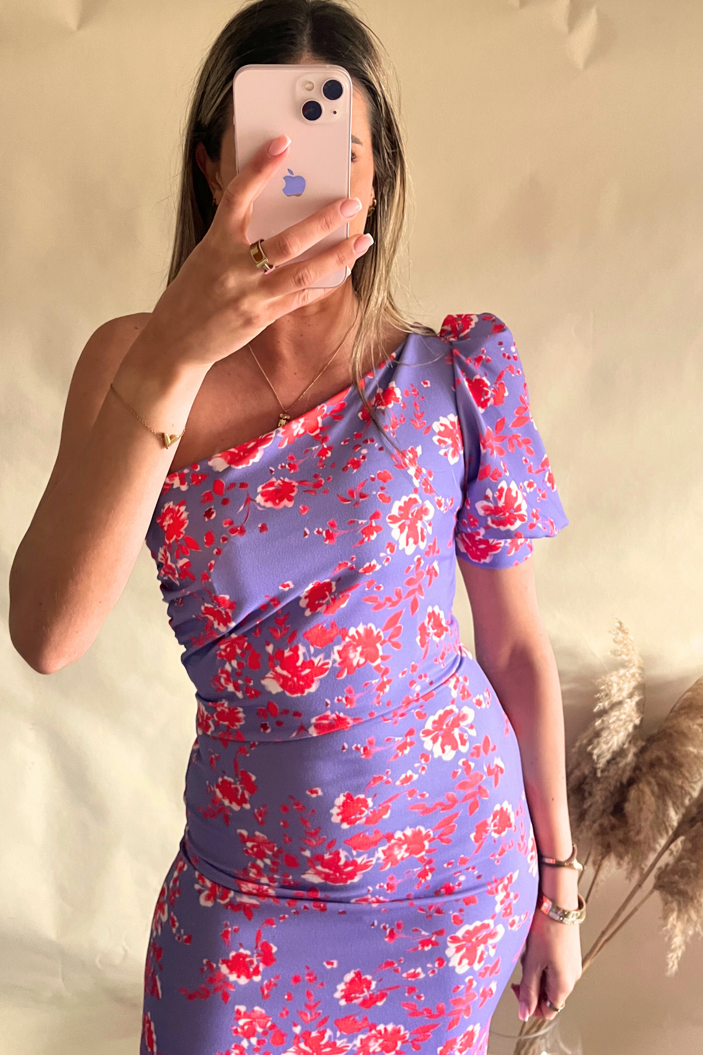 Lilac & red floral One shoulder midi bodycon dress