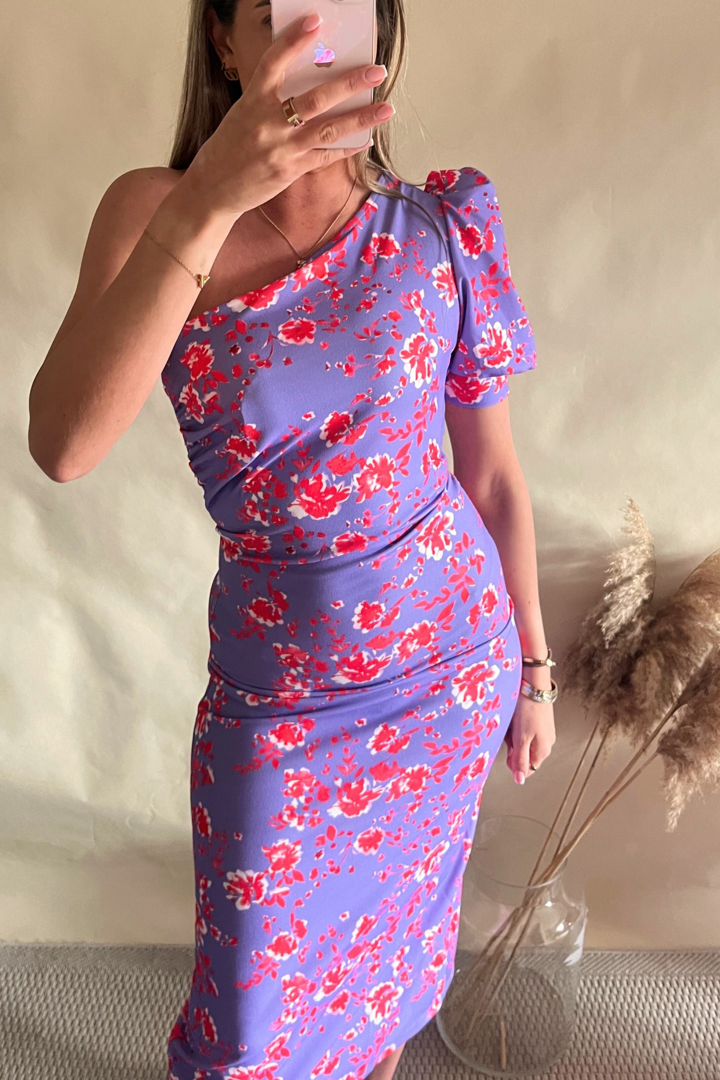 Lilac & red floral One shoulder midi bodycon dress