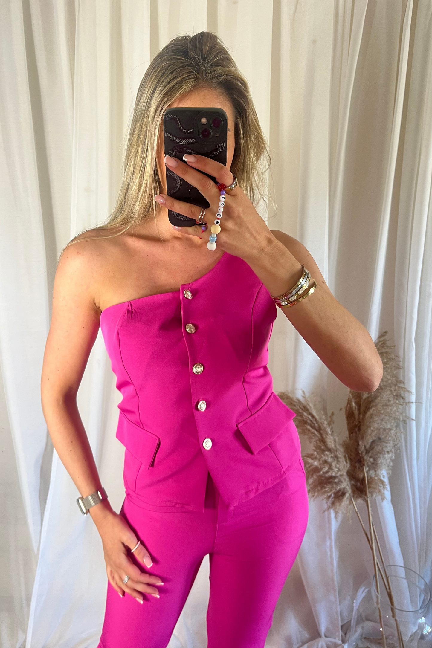 Fuchsia one shoulder trouser set- TOP