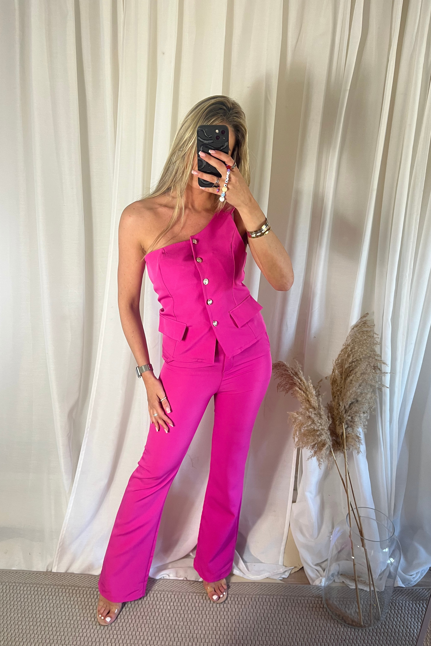 Fuchsia one shoulder trouser set -TROUSERS