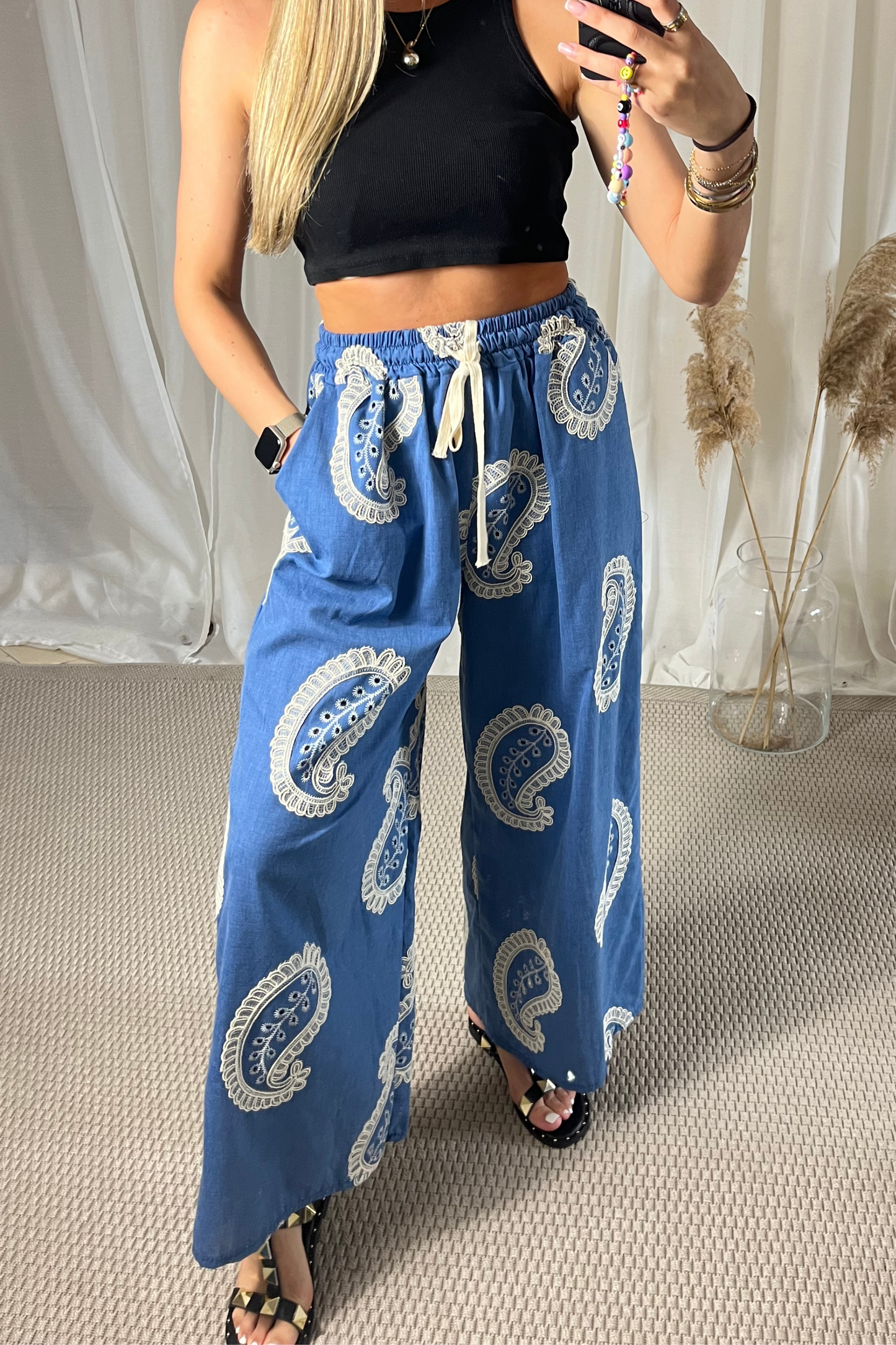 Demin embroidered floaty elasticated pants