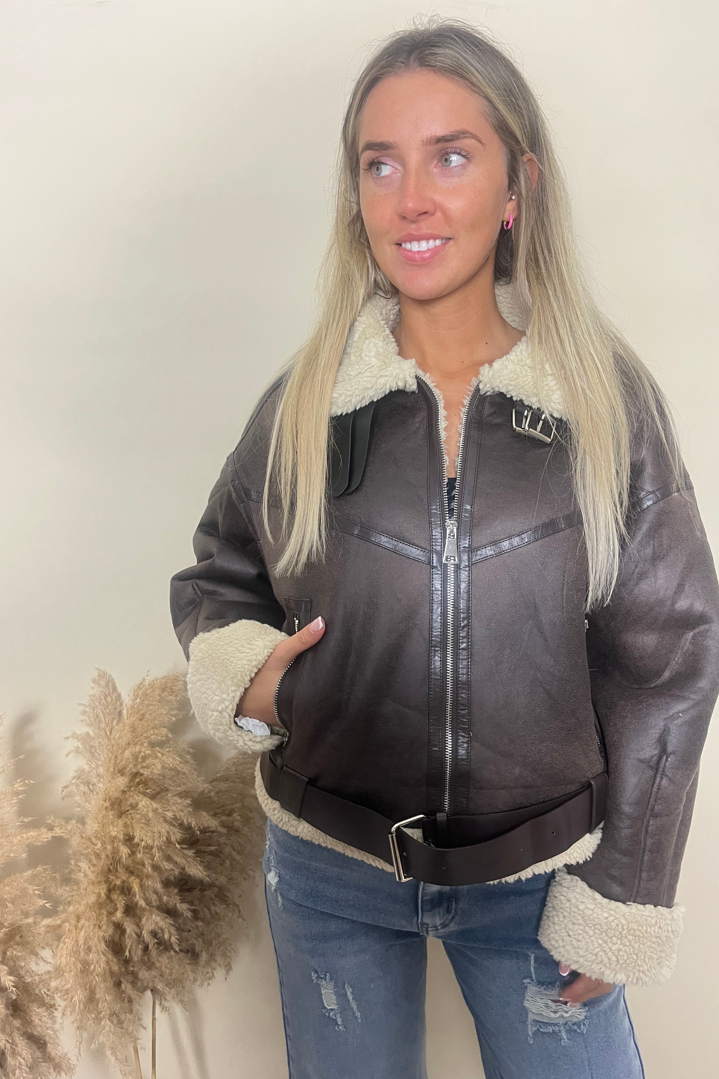 Coffee faux suede aviator jacket