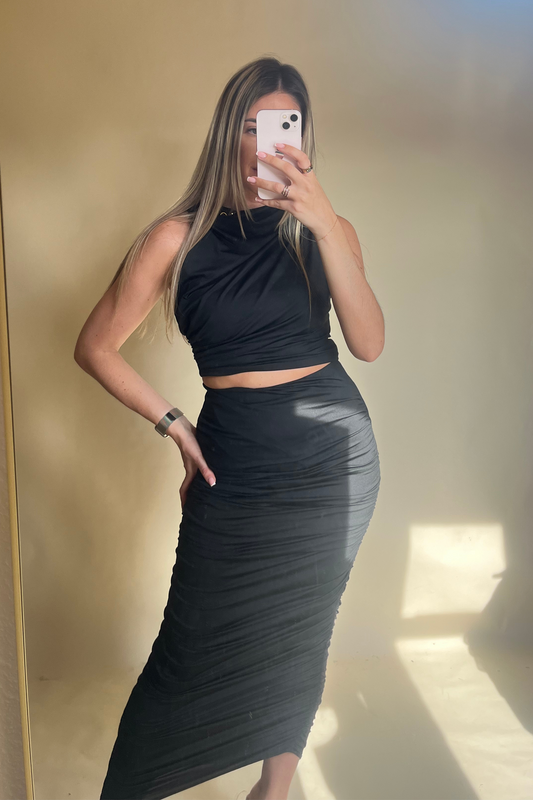 Black Ruched Maxi Skirt - Bodycon Fit