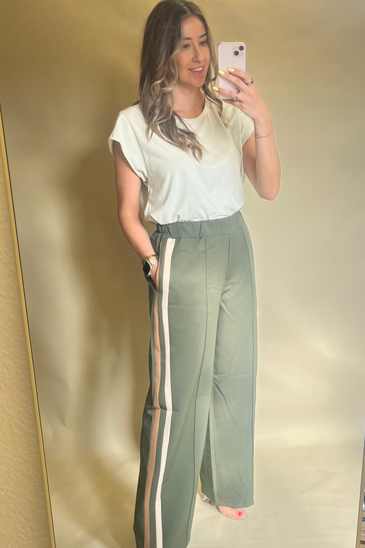 Khaki Tailored Striped Down Side Pants