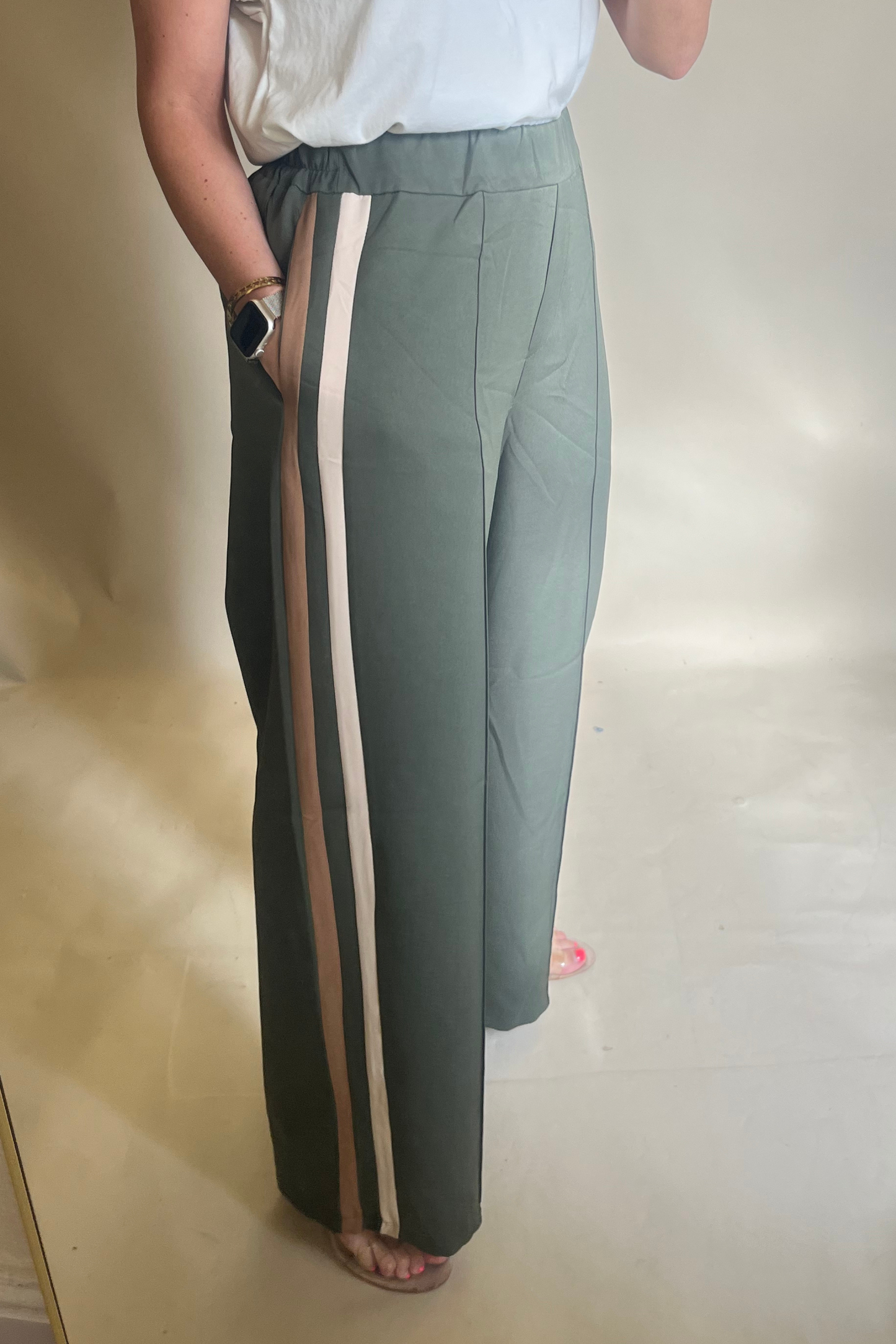 Khaki Tailored Striped Down Side Pants