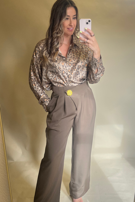 Brown Tailored Trousers with Gold Feature Brooch