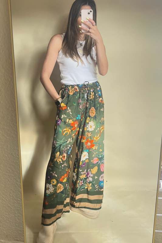 Khaki floral floaty trousers