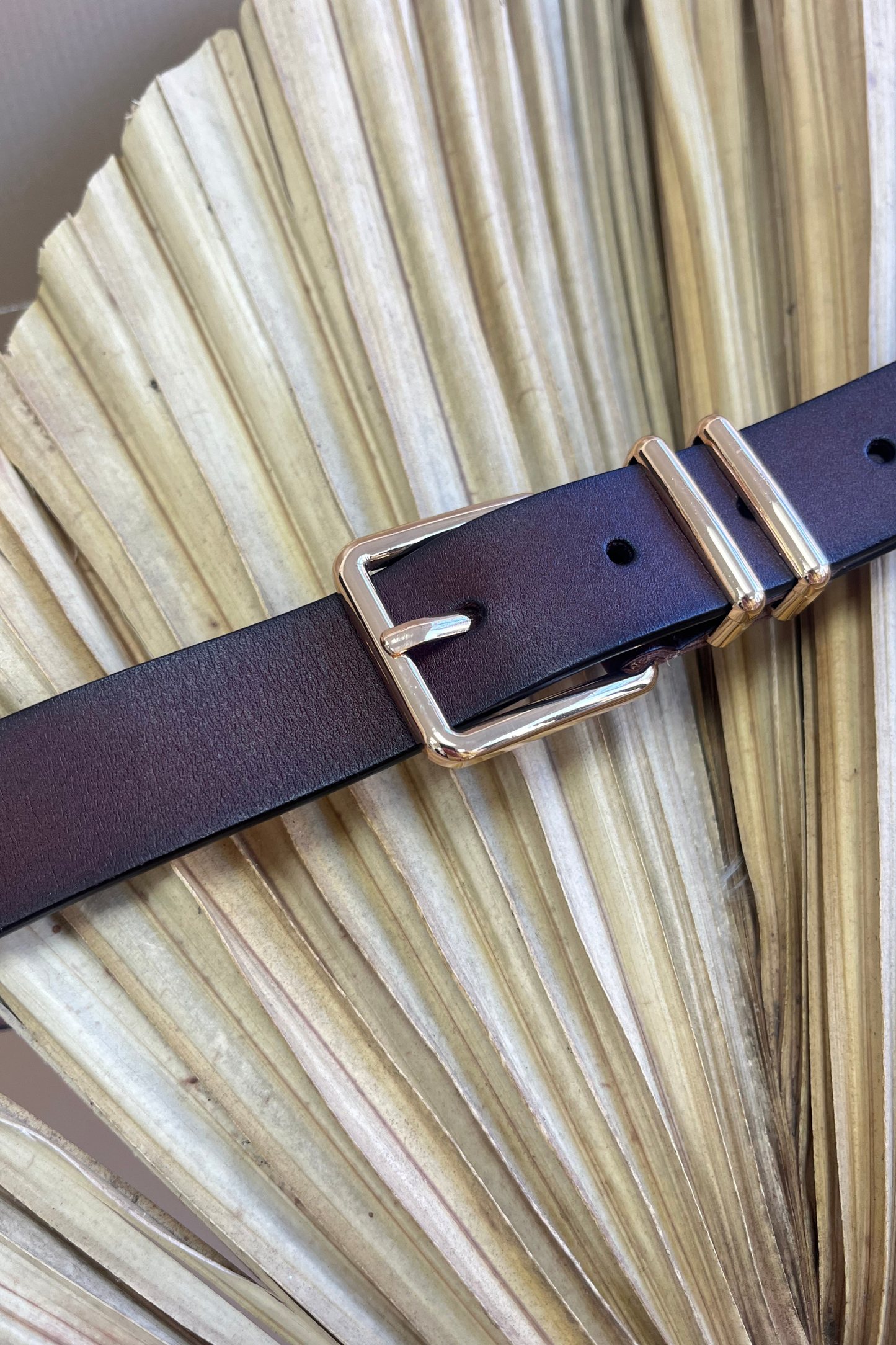 Brown Leather Slim Double Bar Belt