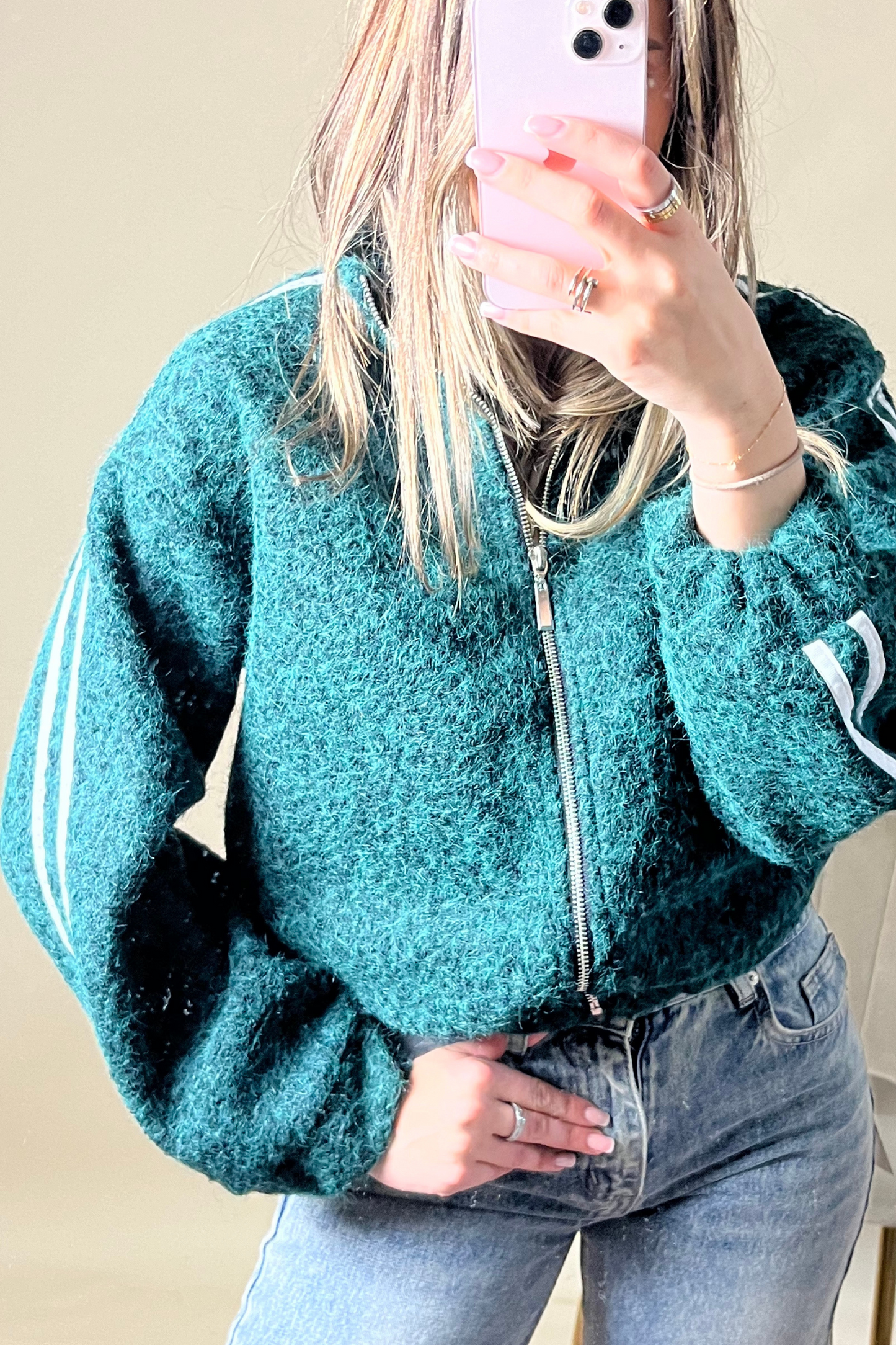 Green Textured Zip-Up Cardigan Jacket