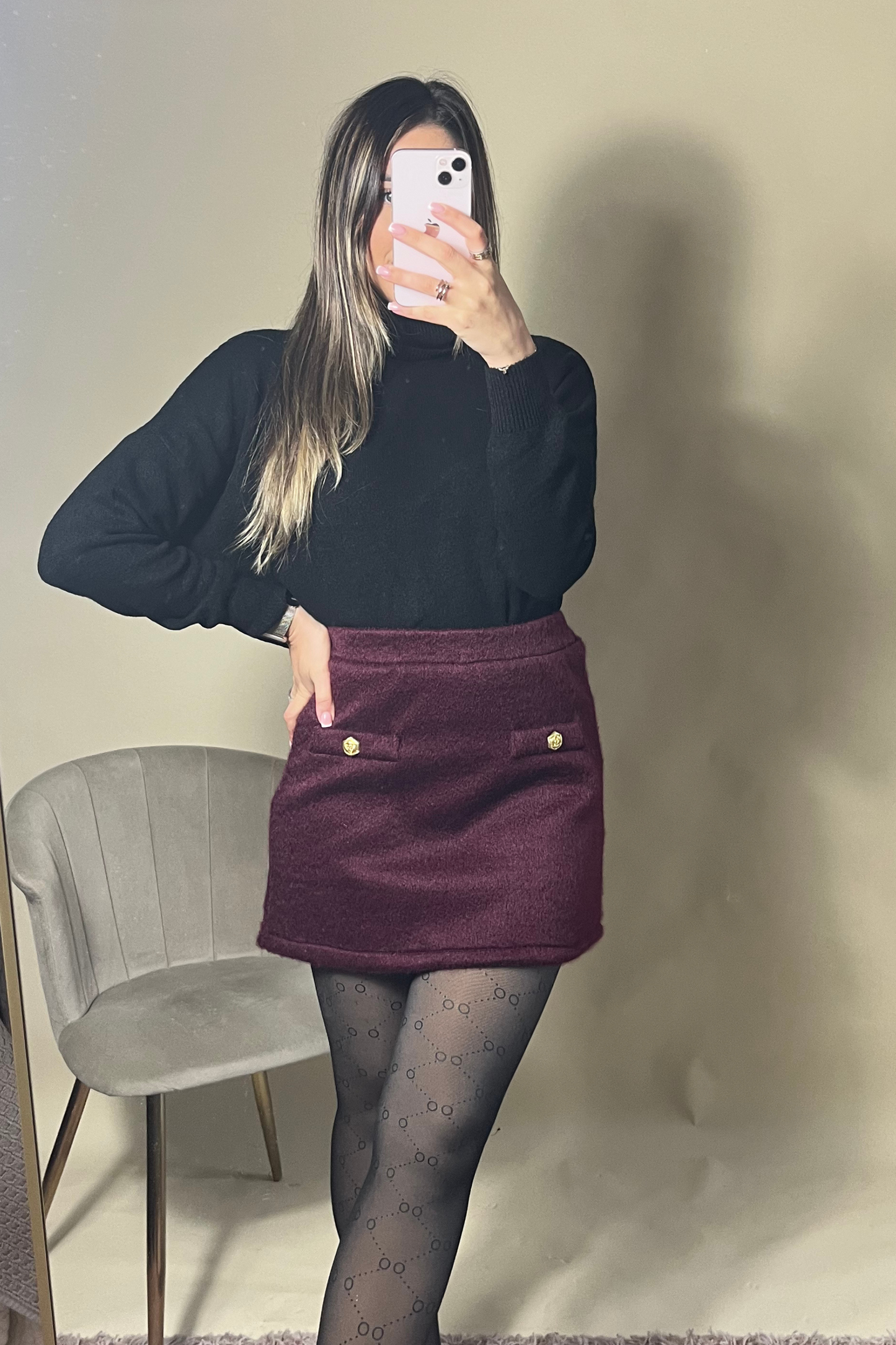 Gold rose button a line burgundy skirt