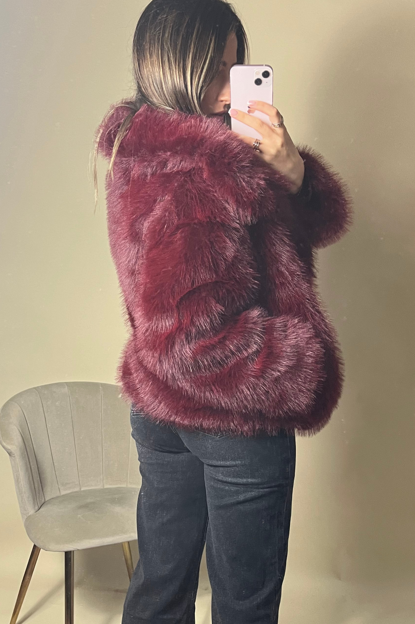 Burgundy faux fur lapel jacket